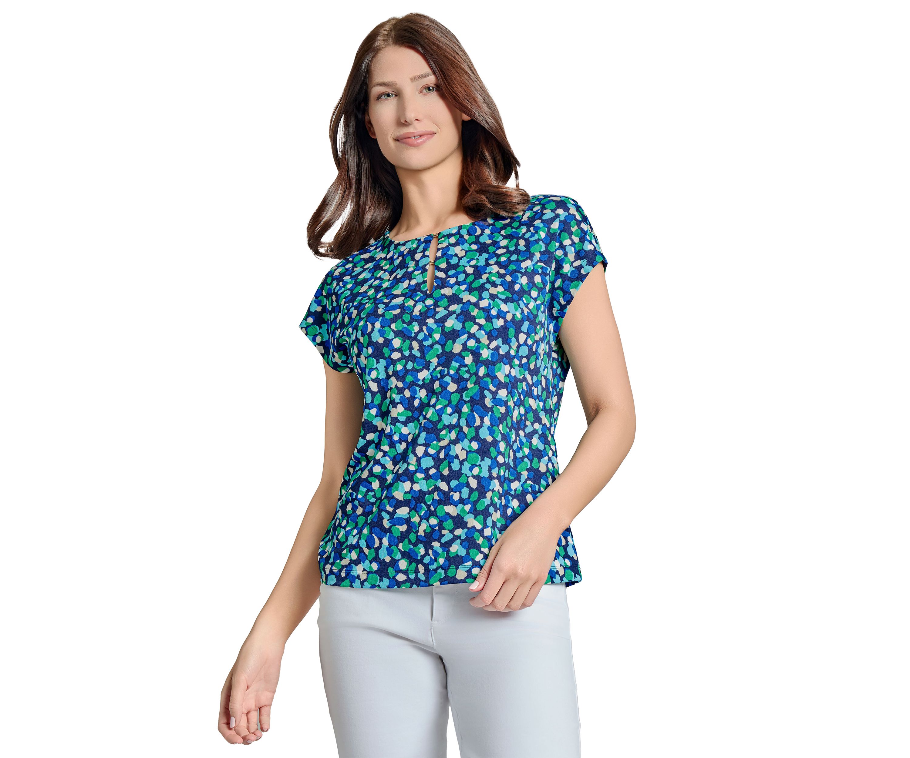 Womens Printed Moss Crepe Cap Sleeve Double Trim Top
