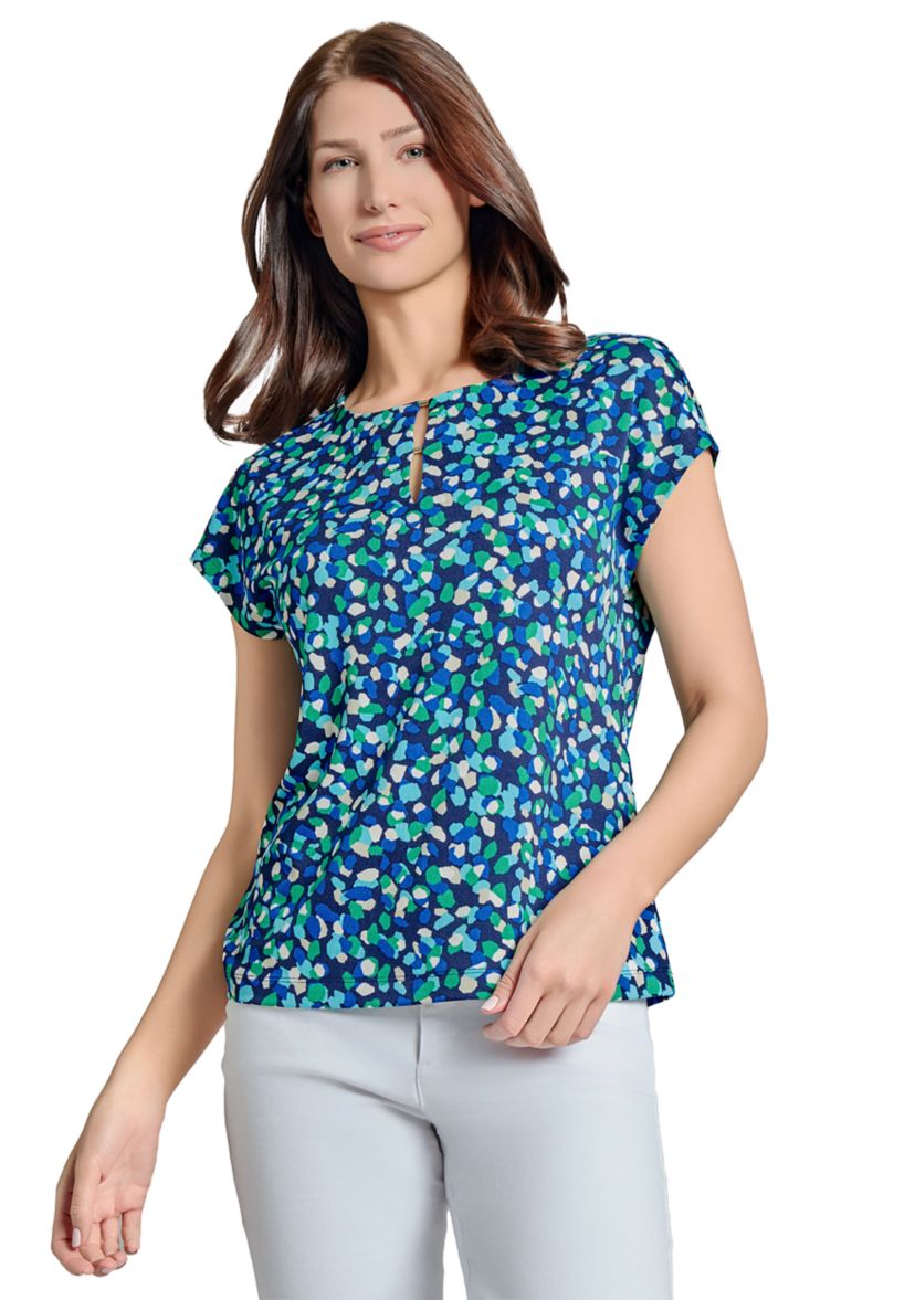 Womens Printed Moss Crepe Cap Sleeve Double Trim Top