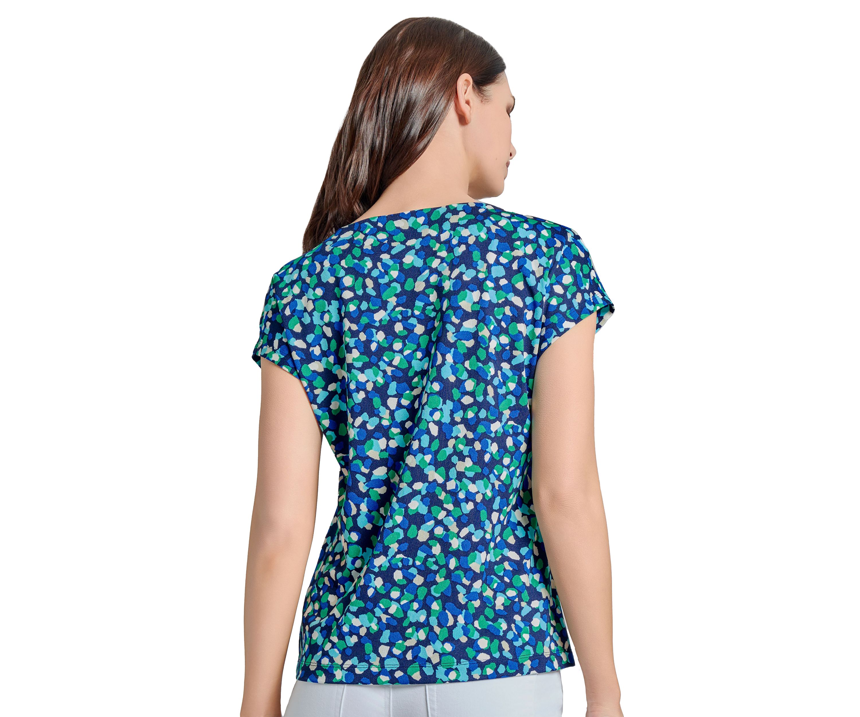 Womens Printed Moss Crepe Cap Sleeve Double Trim Top