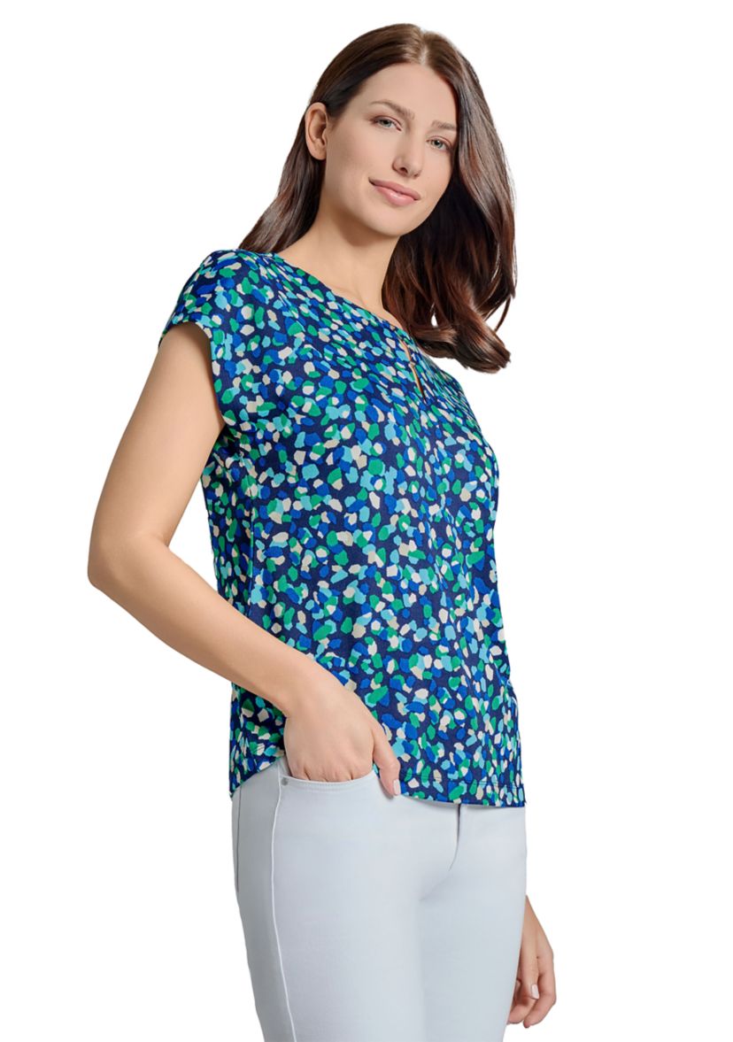 Womens Printed Moss Crepe Cap Sleeve Double Trim Top