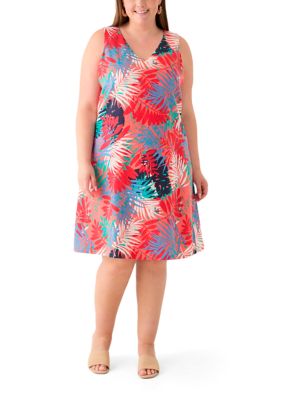 JONES NEW YORK Women's Plus Size Gina V-Neck Sleeveless Trapeze Dress, Coral, 2X