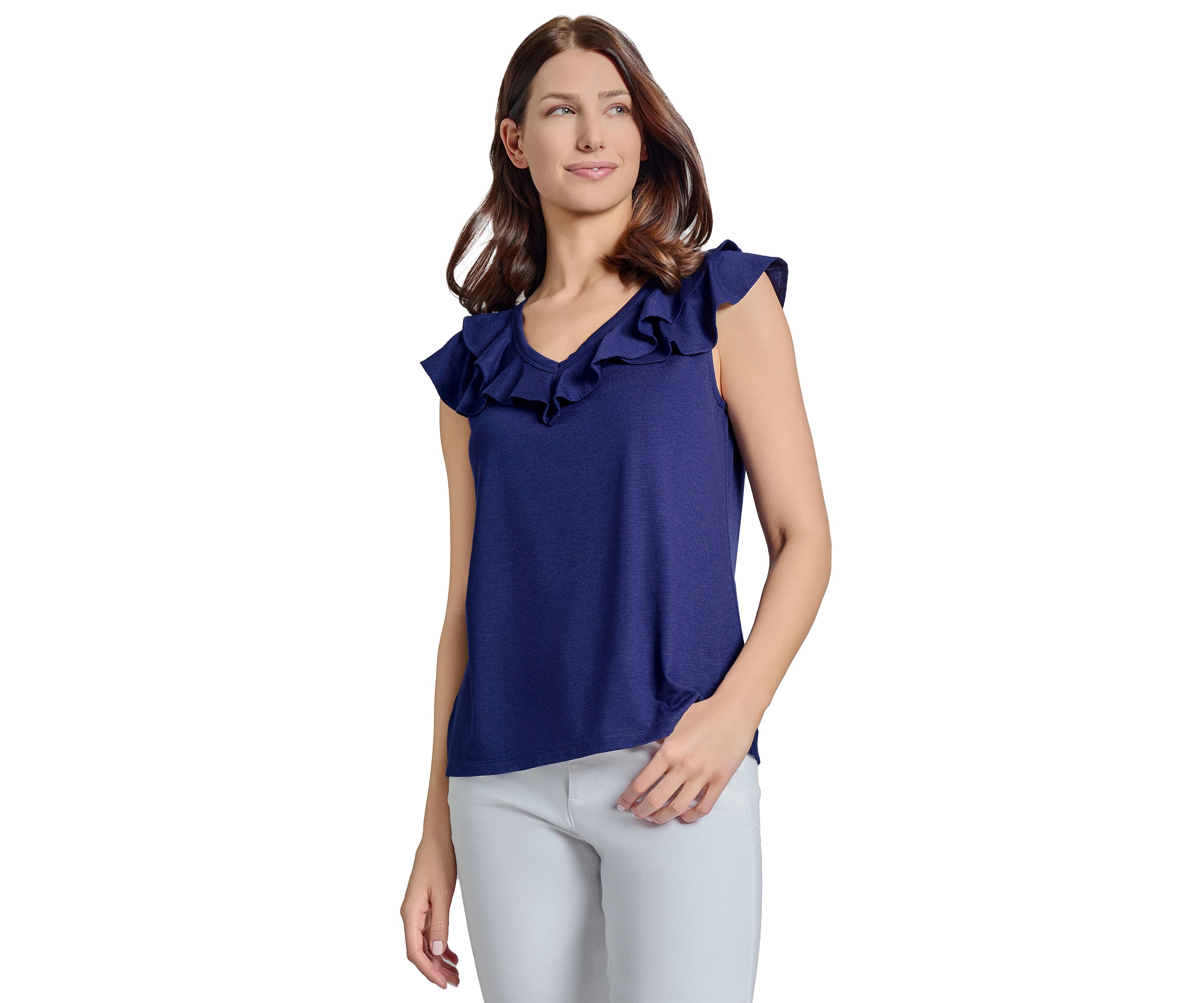 Womens Drapey Slub Ruffle V-Neck T-Shirt