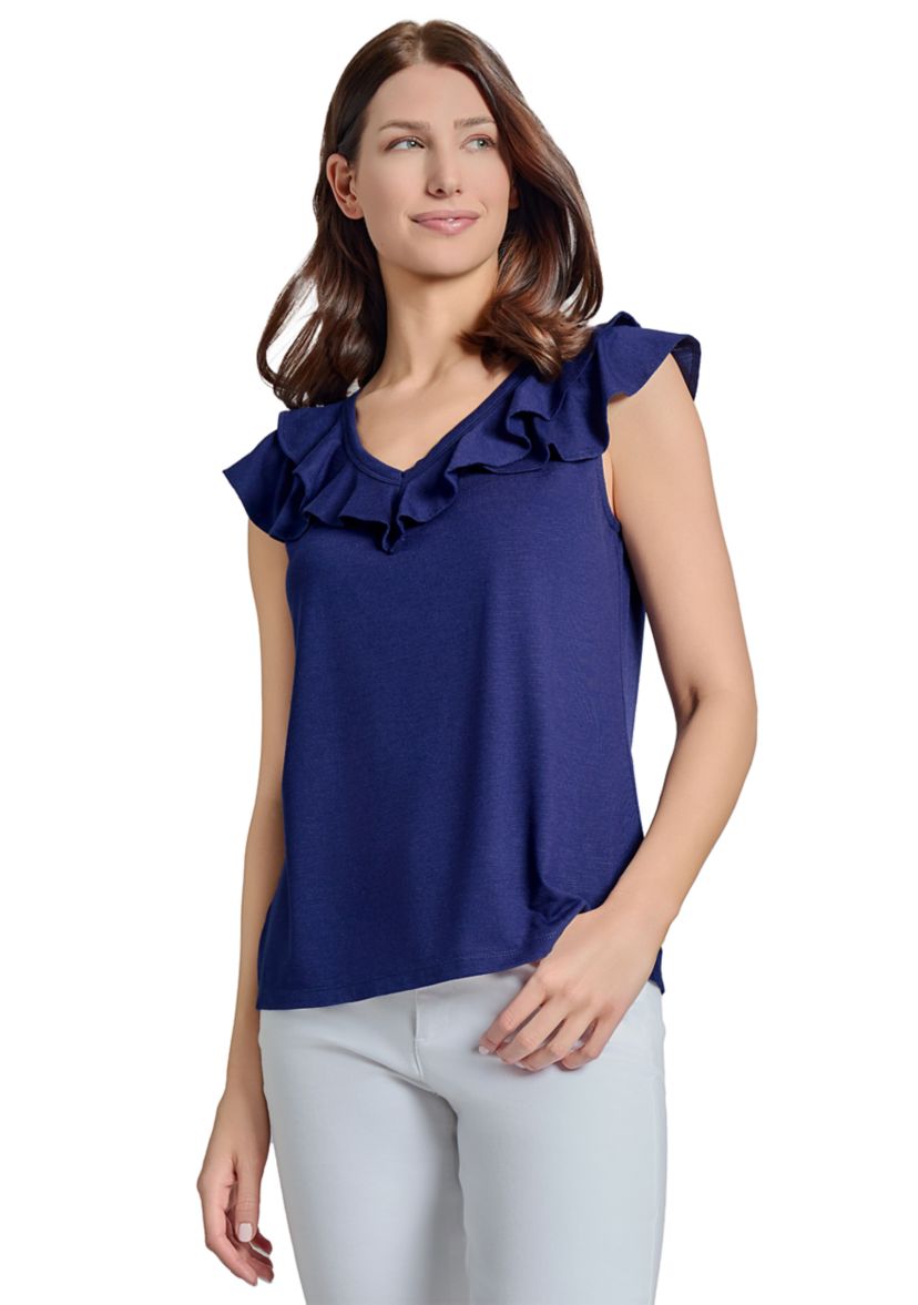 Womens Drapey Slub Ruffle V-Neck T-Shirt