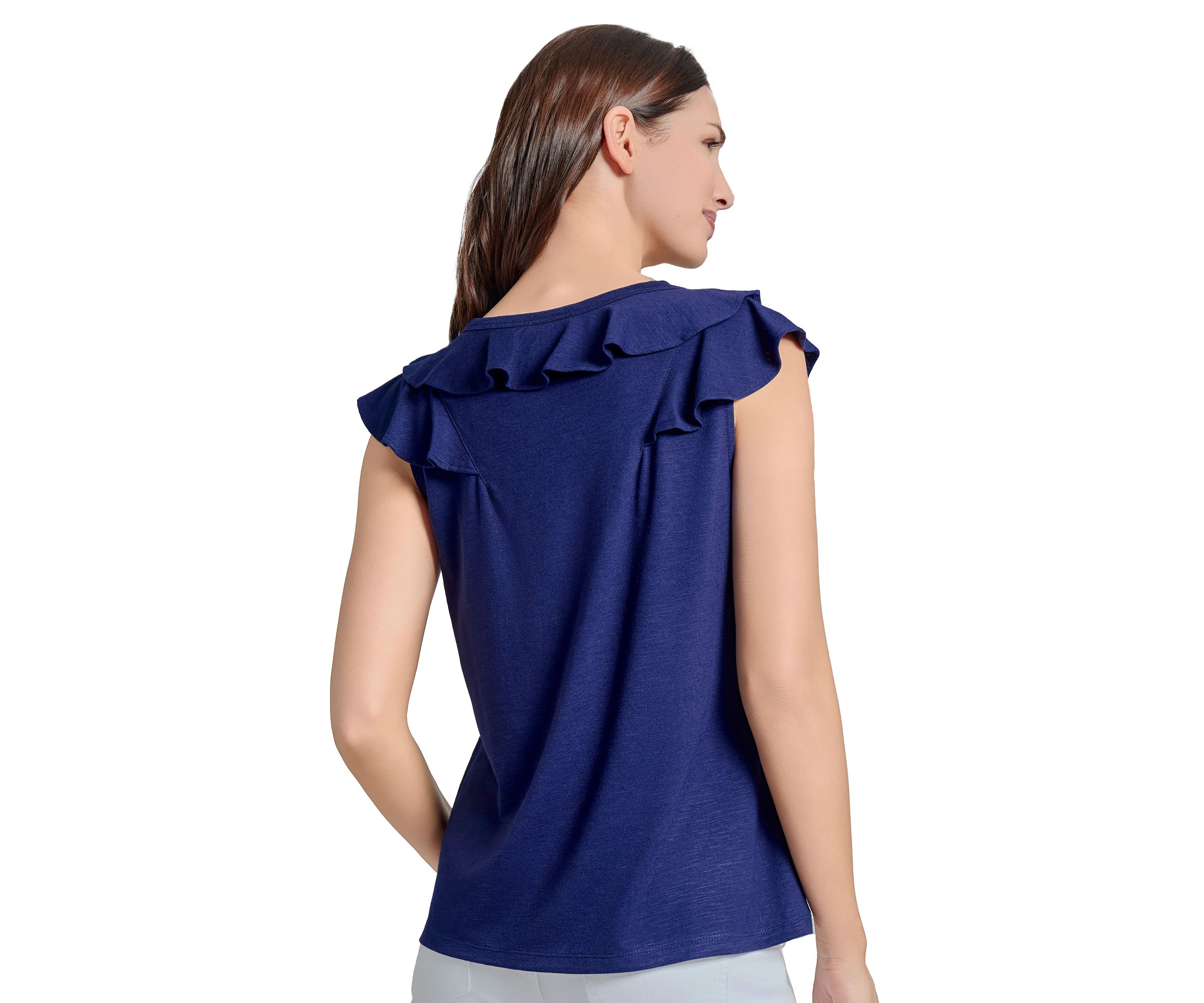 Womens Drapey Slub Ruffle V-Neck T-Shirt