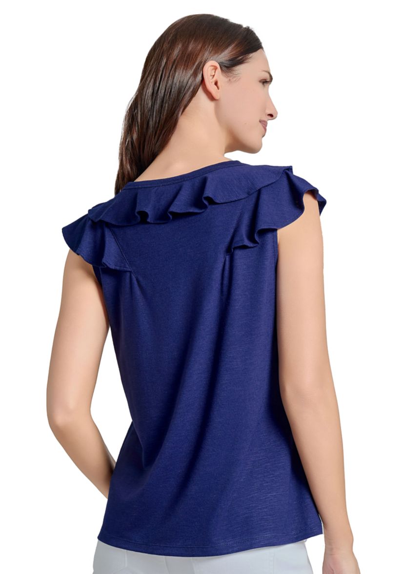 Womens Drapey Slub Ruffle V-Neck T-Shirt