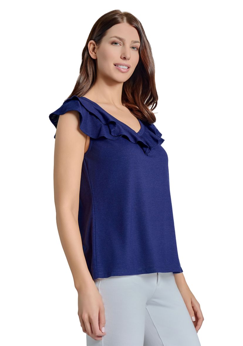 Womens Drapey Slub Ruffle V-Neck T-Shirt