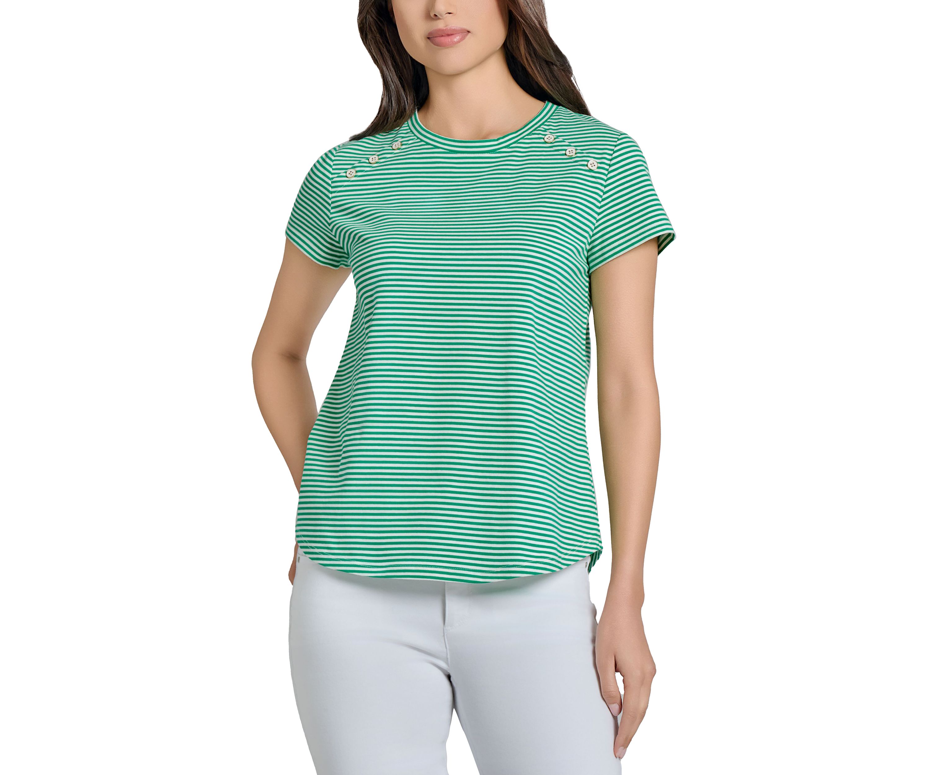 Petite Fine Yarn Dyed Stripe Knit Short Sleeve Enamel Button Shoulder T-Shirt