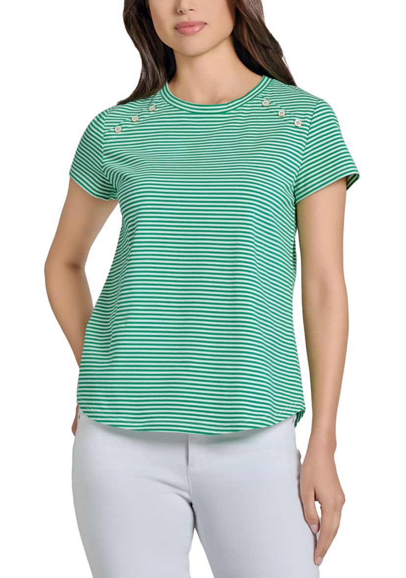 Petite Fine Yarn Dyed Stripe Knit Short Sleeve Enamel Button Shoulder T-Shirt