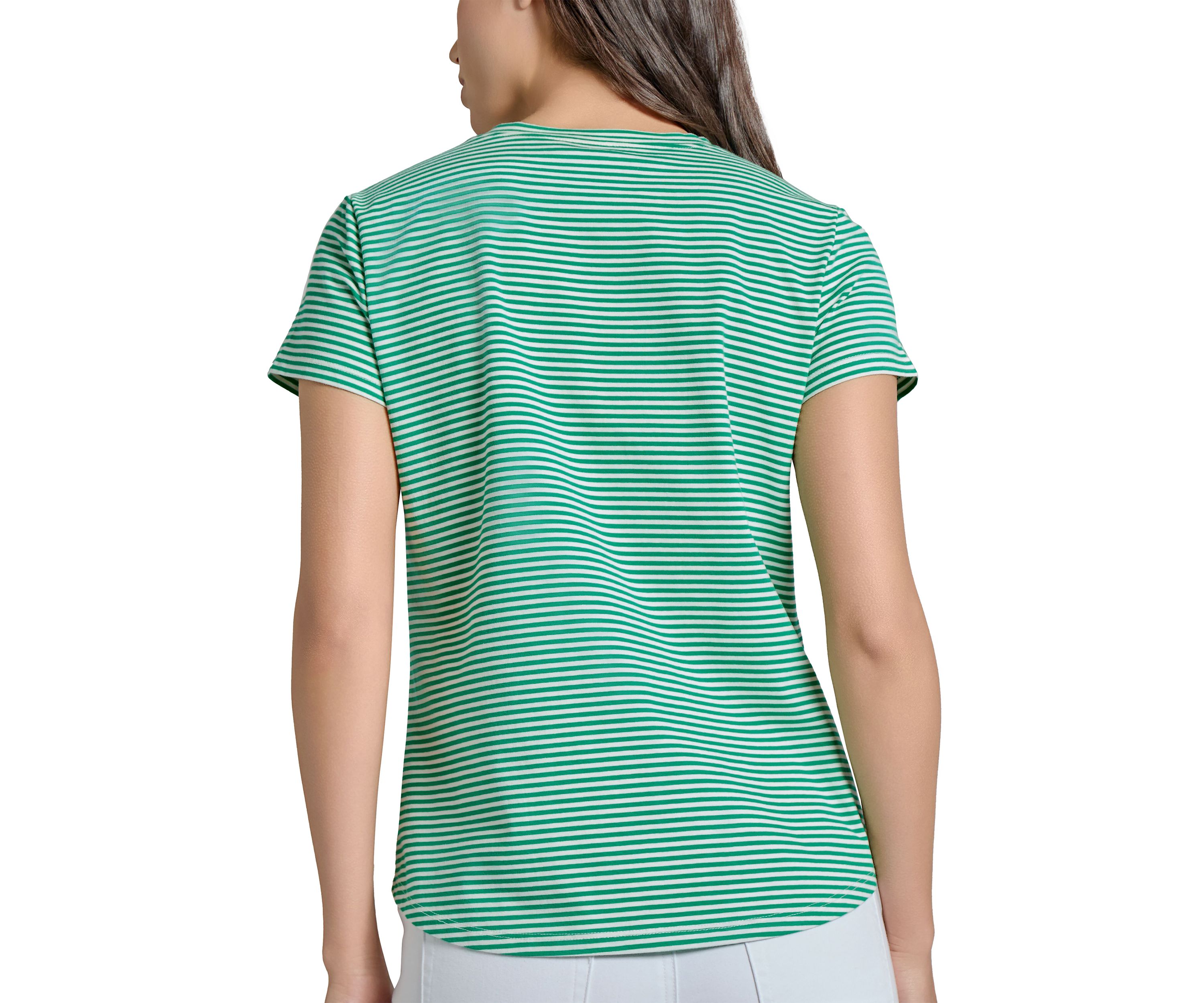 Petite Fine Yarn Dyed Stripe Knit Short Sleeve Enamel Button Shoulder T-Shirt