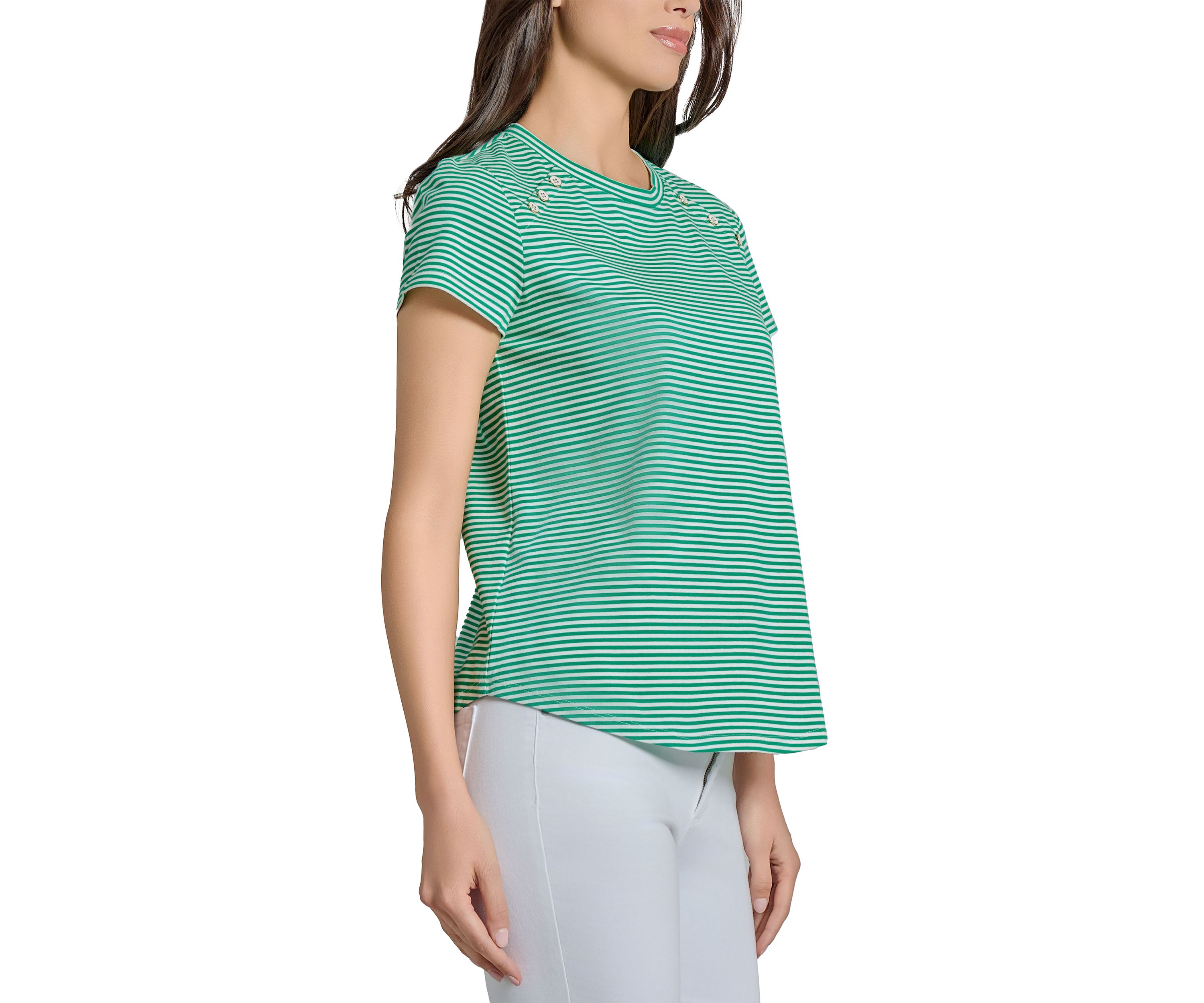 Petite Fine Yarn Dyed Stripe Knit Short Sleeve Enamel Button Shoulder T-Shirt