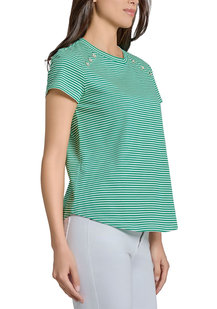 Petite Fine Yarn Dyed Stripe Knit Short Sleeve Enamel Button Shoulder T-Shirt