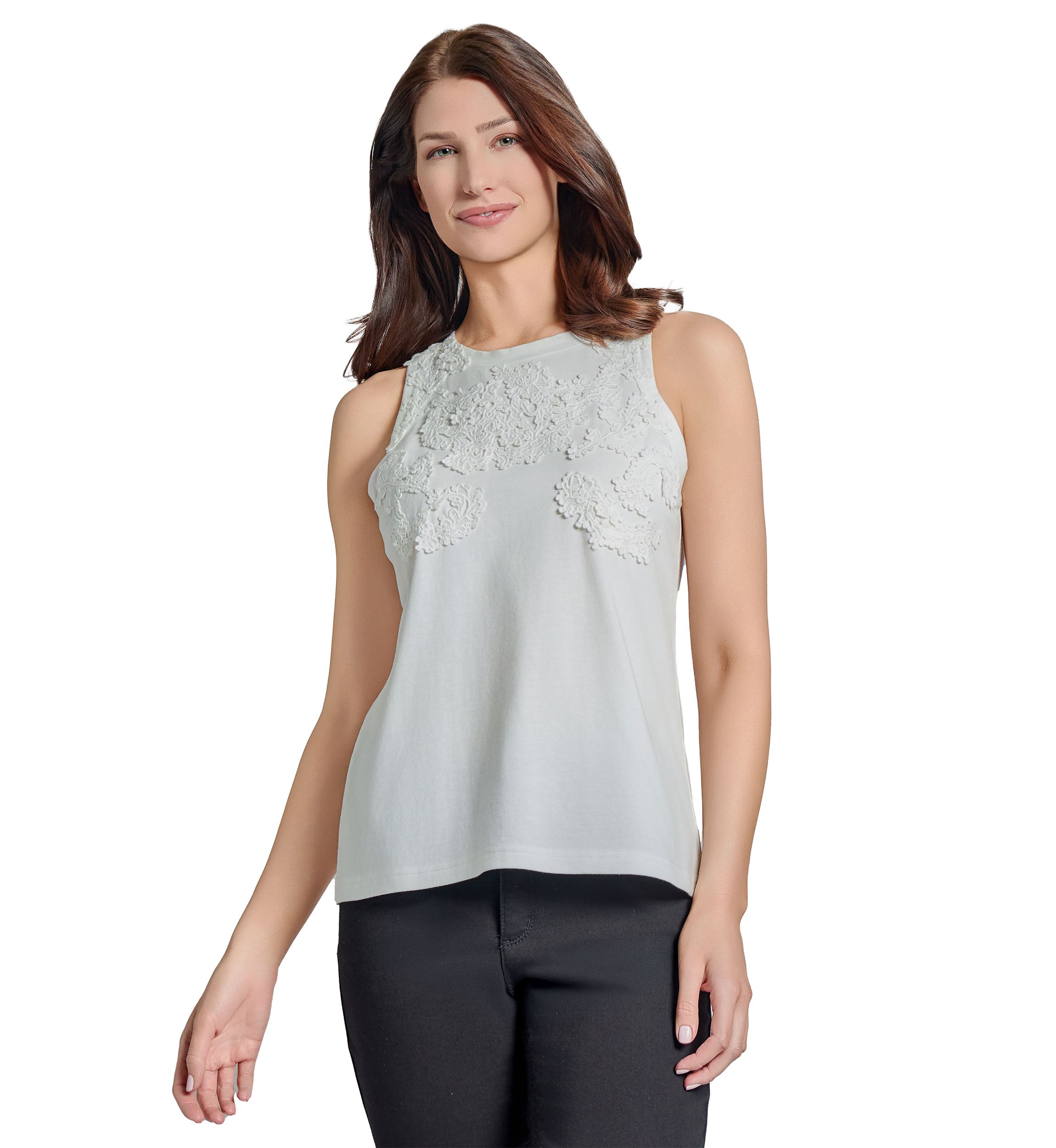Womens Cotton Cutaway Crew Neck Appliqué Tank Top