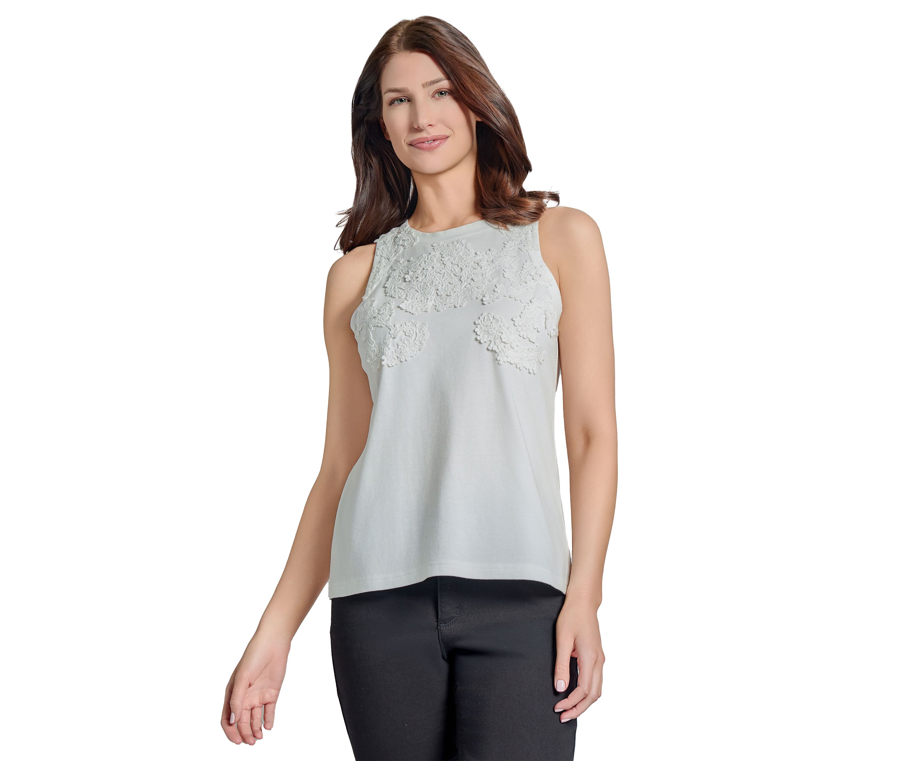 Womens Cotton Cutaway Crew Neck Appliqué Tank Top