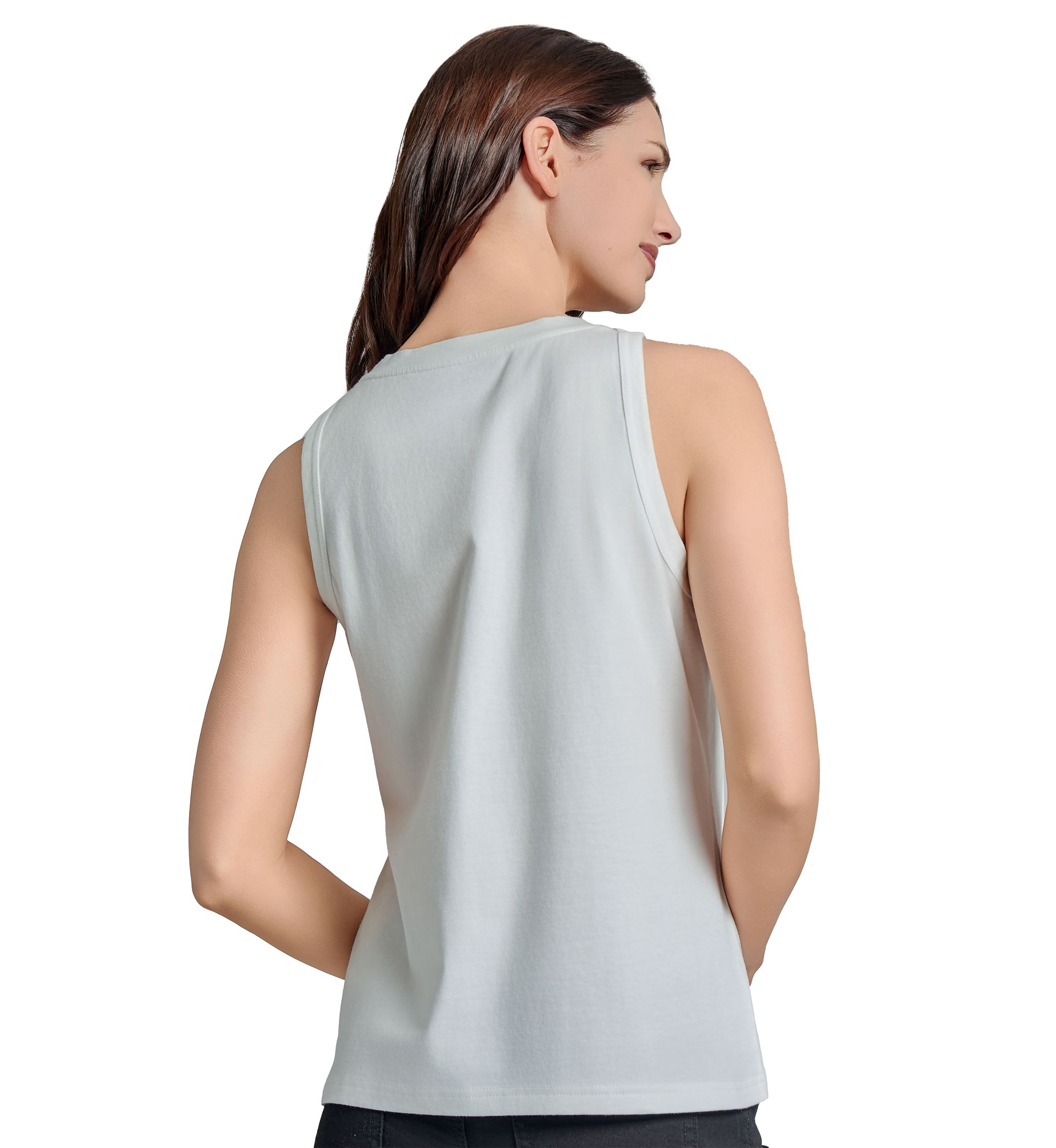 Womens Cotton Cutaway Crew Neck Appliqué Tank Top
