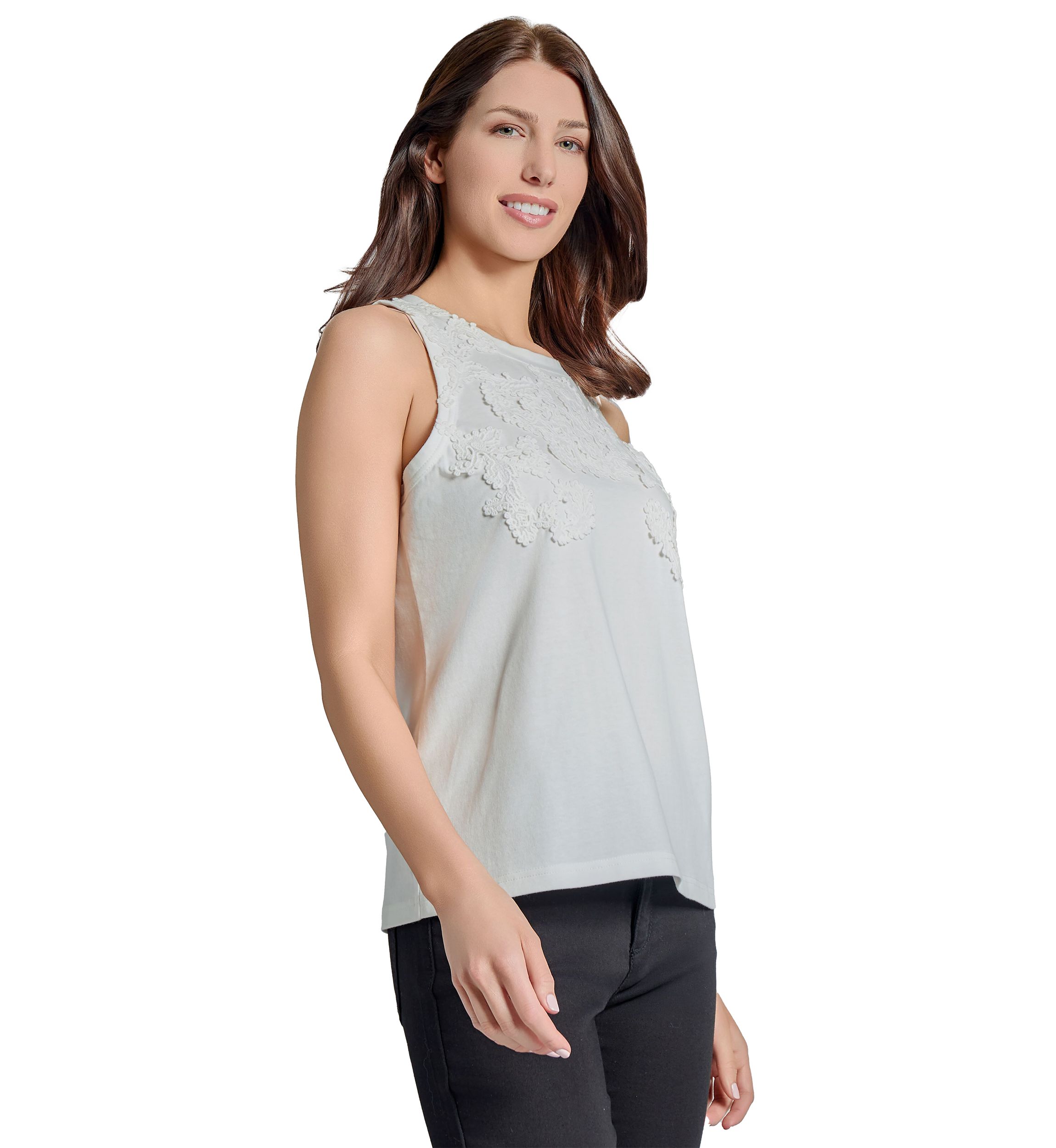 Womens Cotton Cutaway Crew Neck Appliqué Tank Top