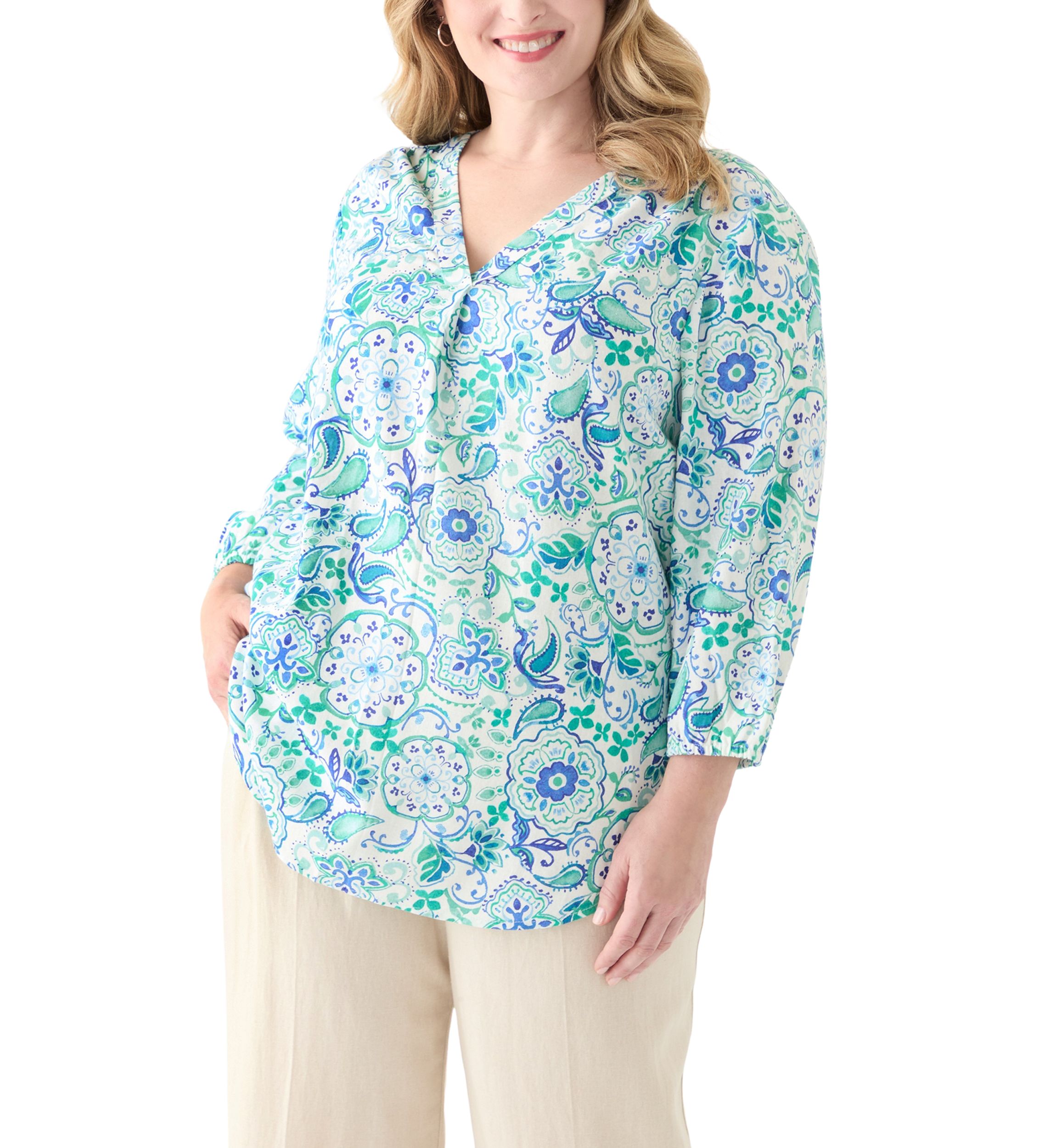 Plus Size 3/4 Sleeve Linen V-Neck Tunic Top
