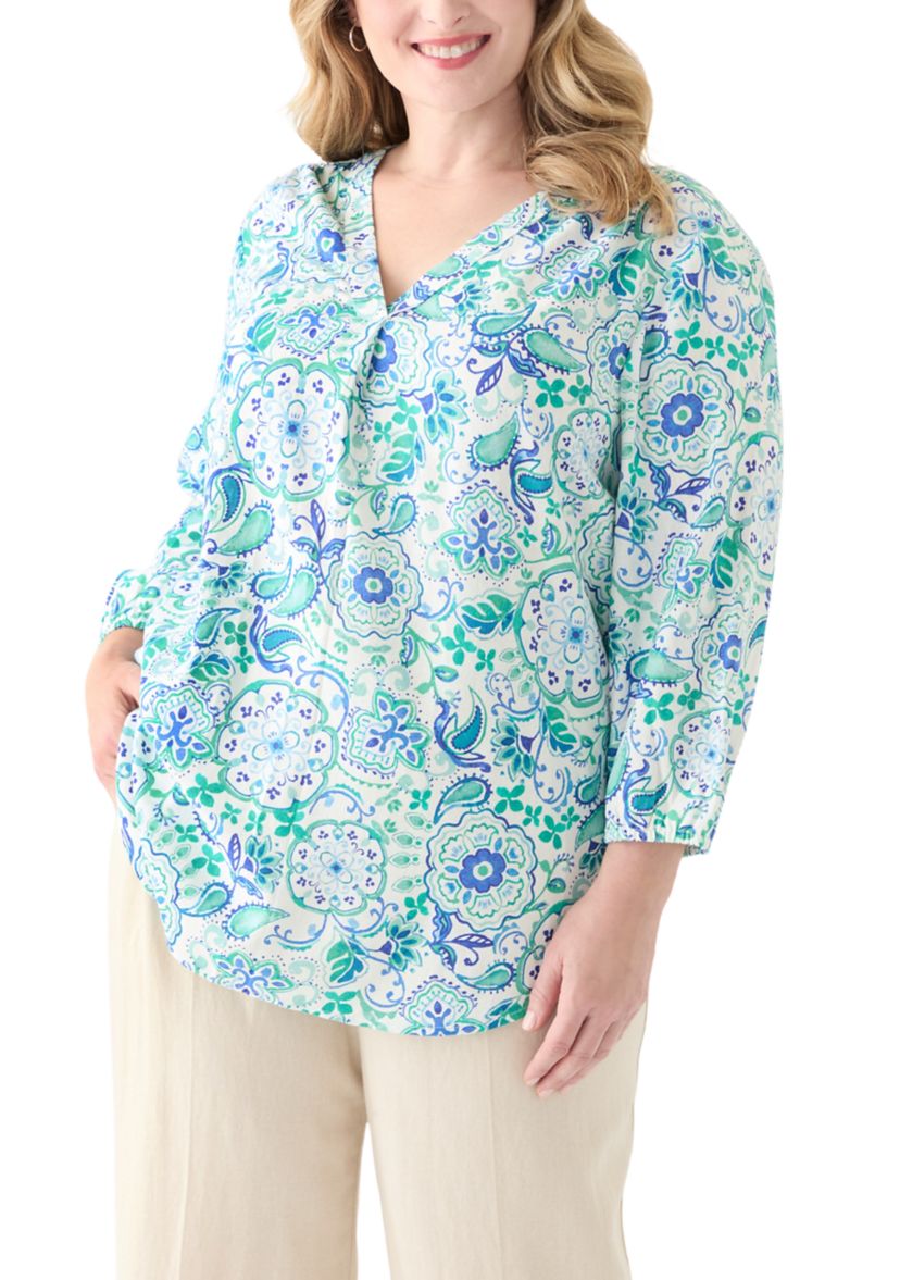 Plus Size 3/4 Sleeve Linen V-Neck Tunic Top