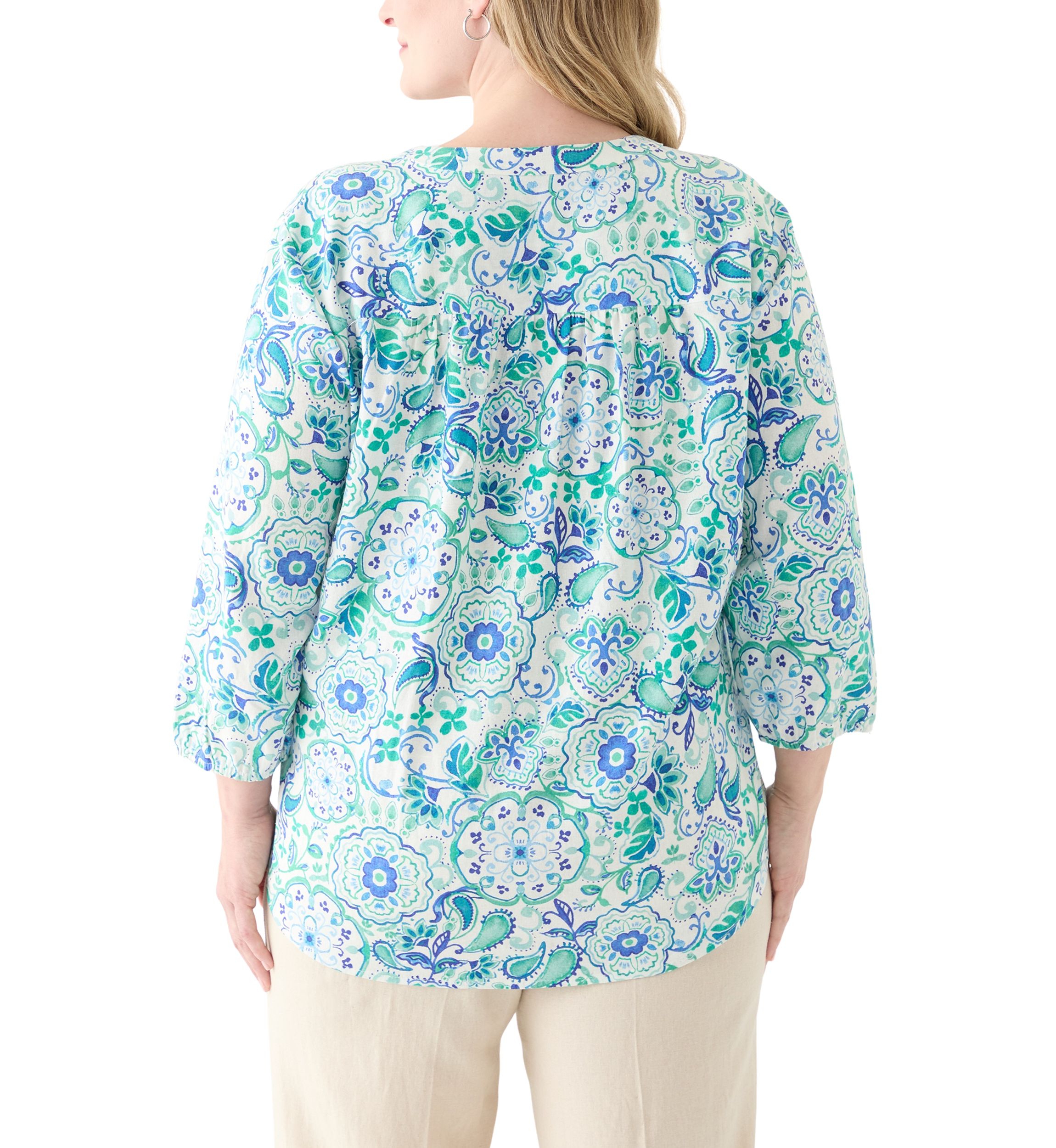 Plus Size 3/4 Sleeve Linen V-Neck Tunic Top