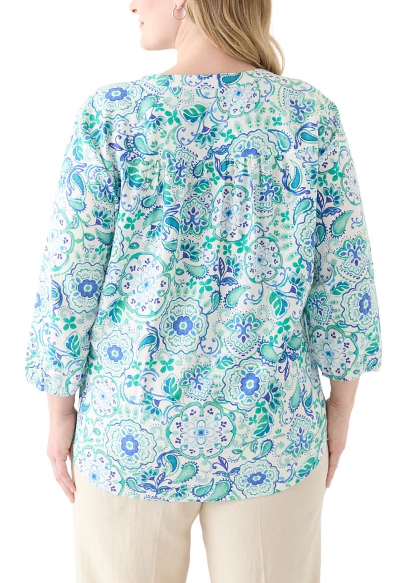 Plus Size 3/4 Sleeve Linen V-Neck Tunic Top