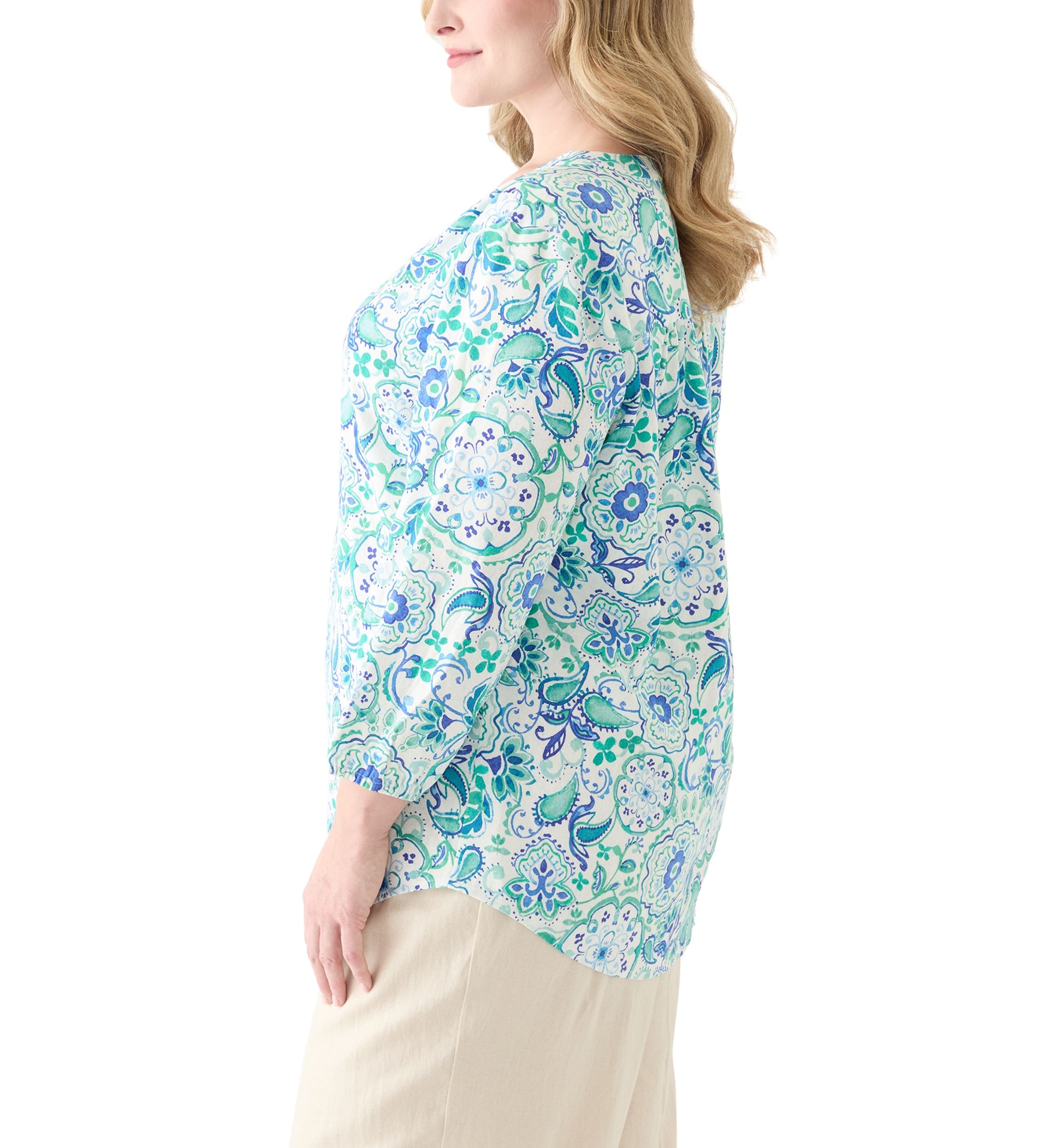 Plus Size 3/4 Sleeve Linen V-Neck Tunic Top