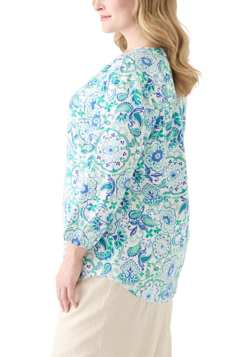 Plus Size 3/4 Sleeve Linen V-Neck Tunic Top