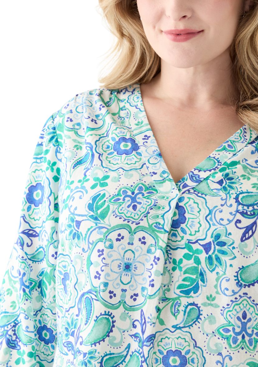 Plus Size 3/4 Sleeve Linen V-Neck Tunic Top
