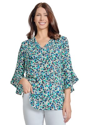JONES NEW YORK Women's V-Neck Pleated Front Tunic with Flare Sleeves, White, XS