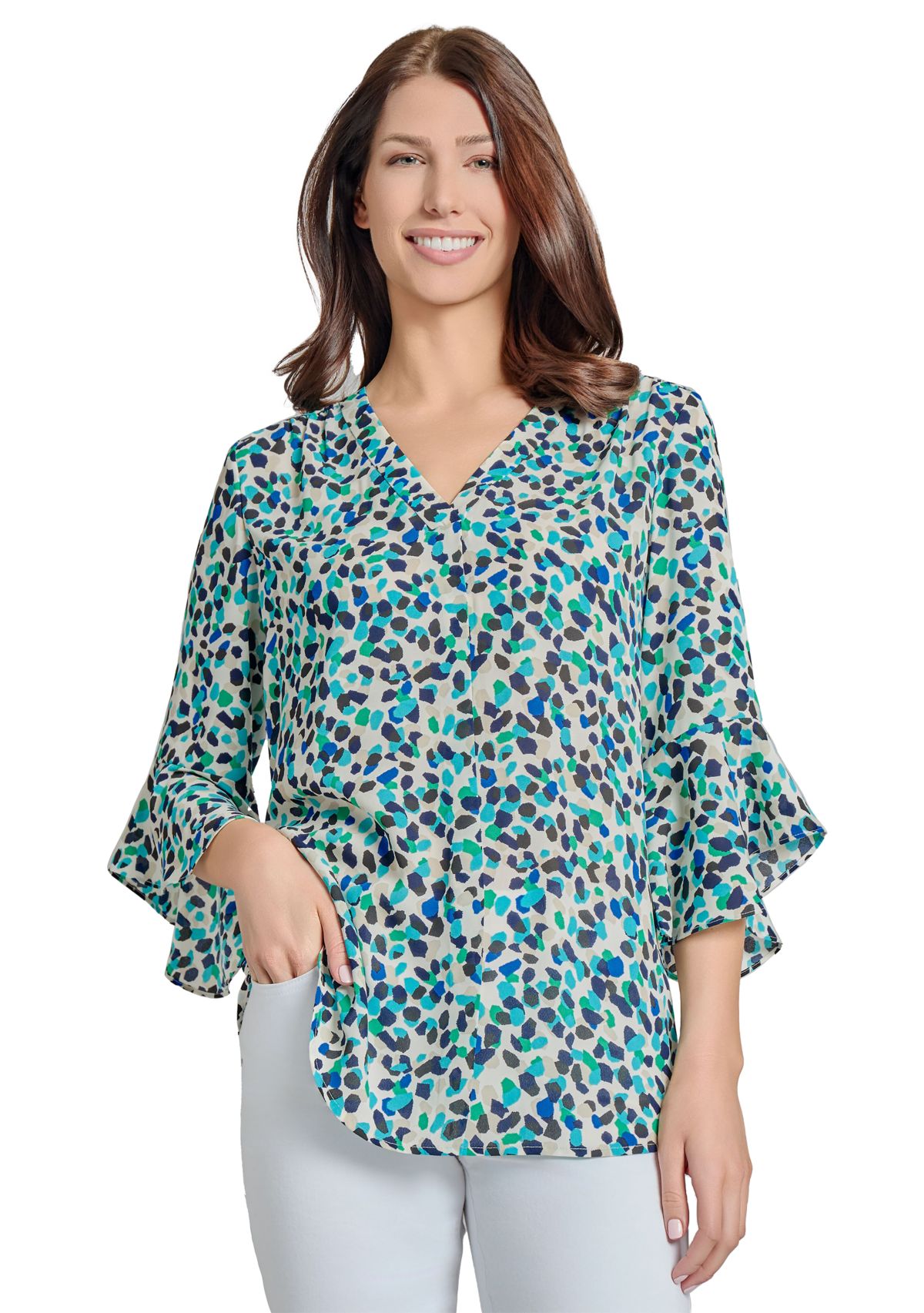 Womens V-Neck Pleated Front Tunic with Flare Sleeves 