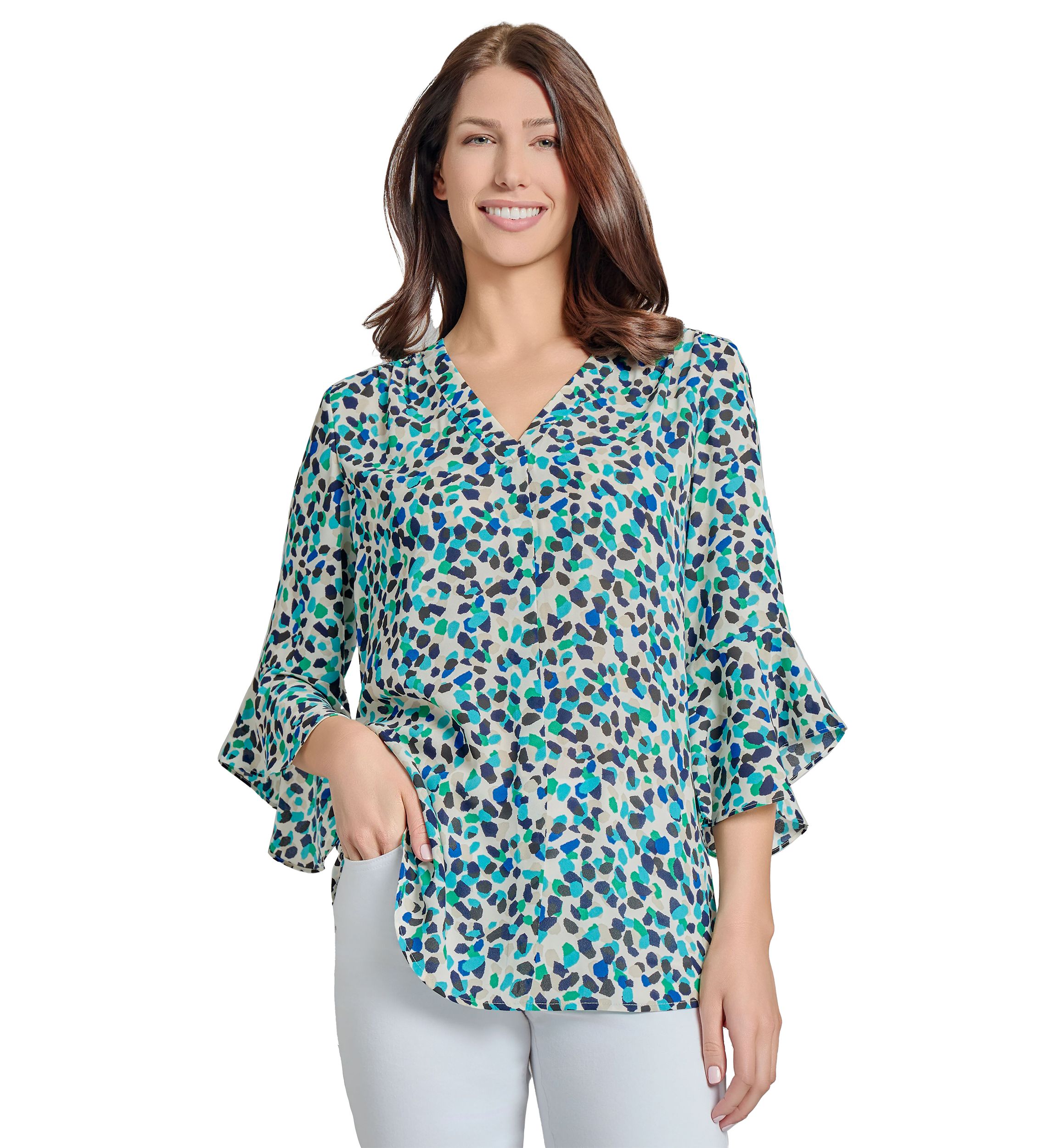 Womens V-Neck Pleated Front Tunic with Flare Sleeves 