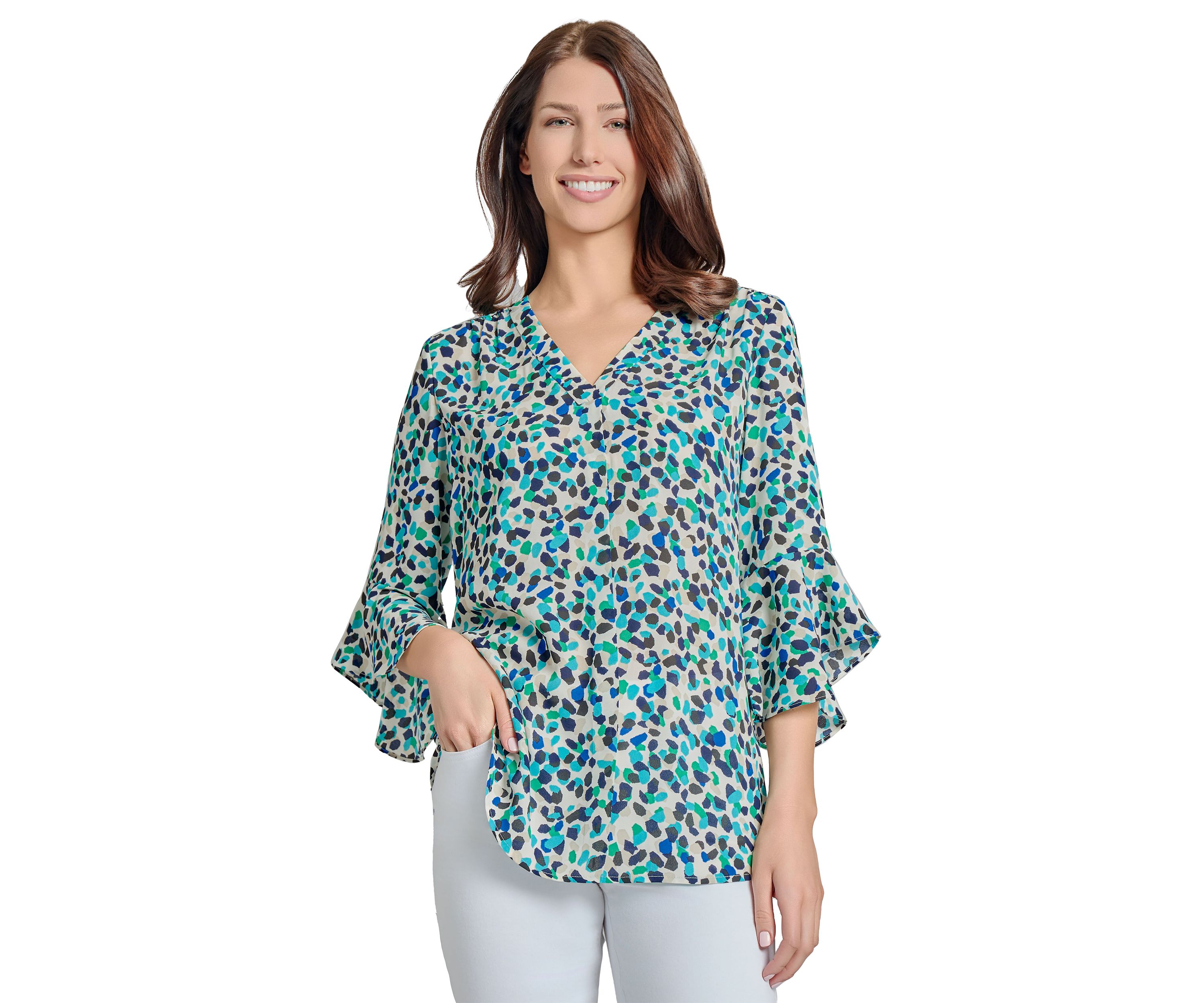 Womens V-Neck Pleated Front Tunic with Flare Sleeves 