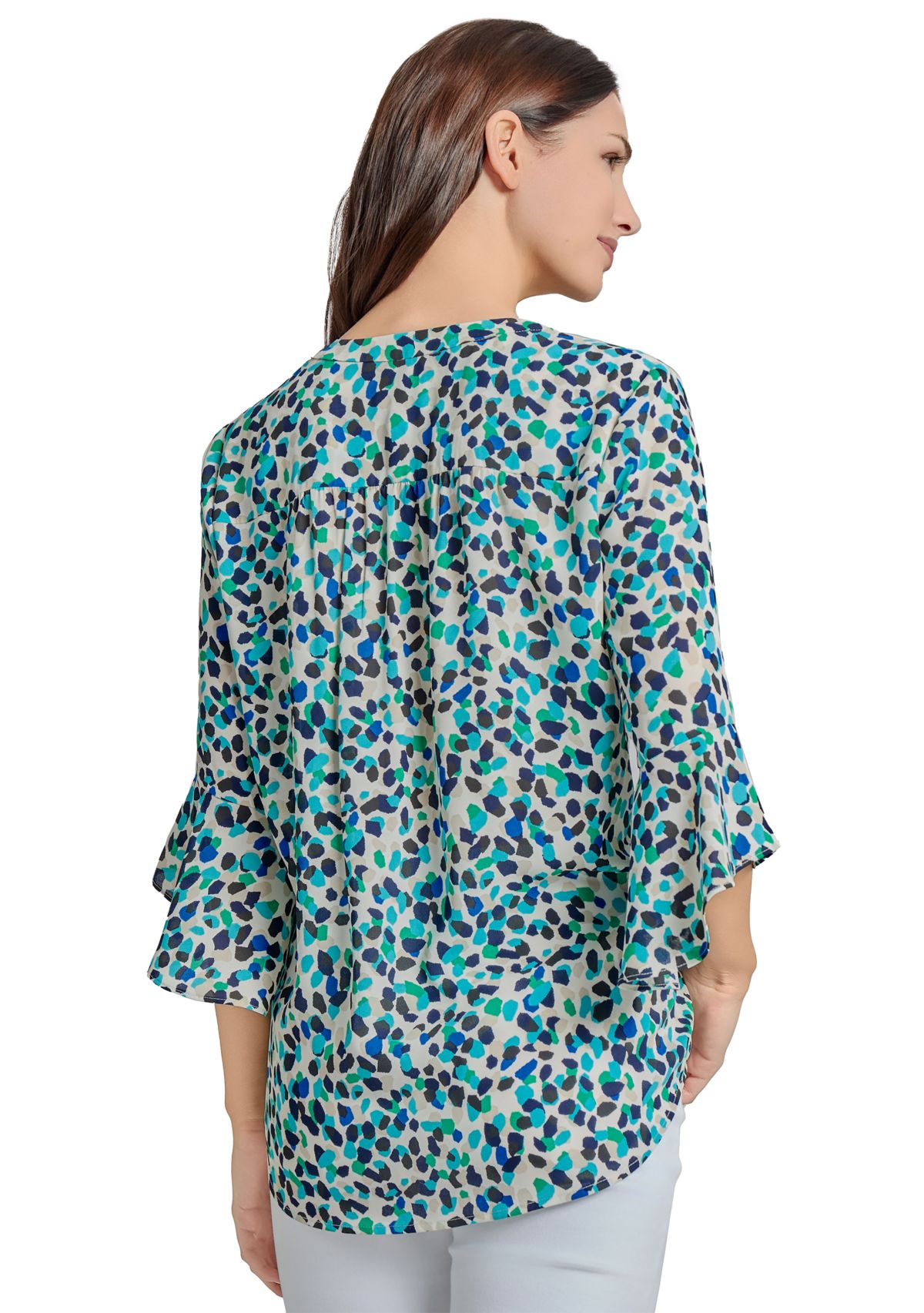 Womens V-Neck Pleated Front Tunic with Flare Sleeves 