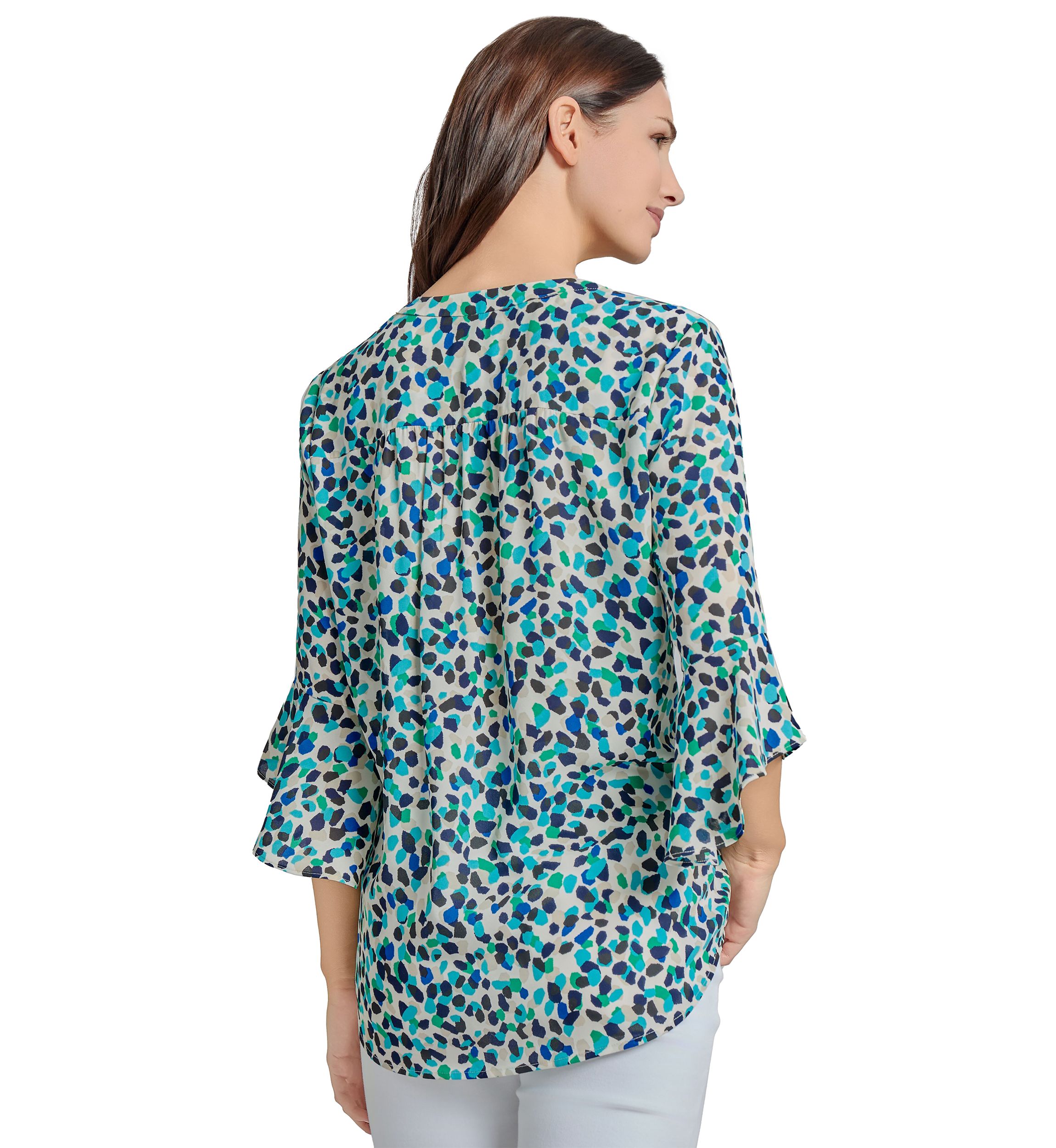 Womens V-Neck Pleated Front Tunic with Flare Sleeves 