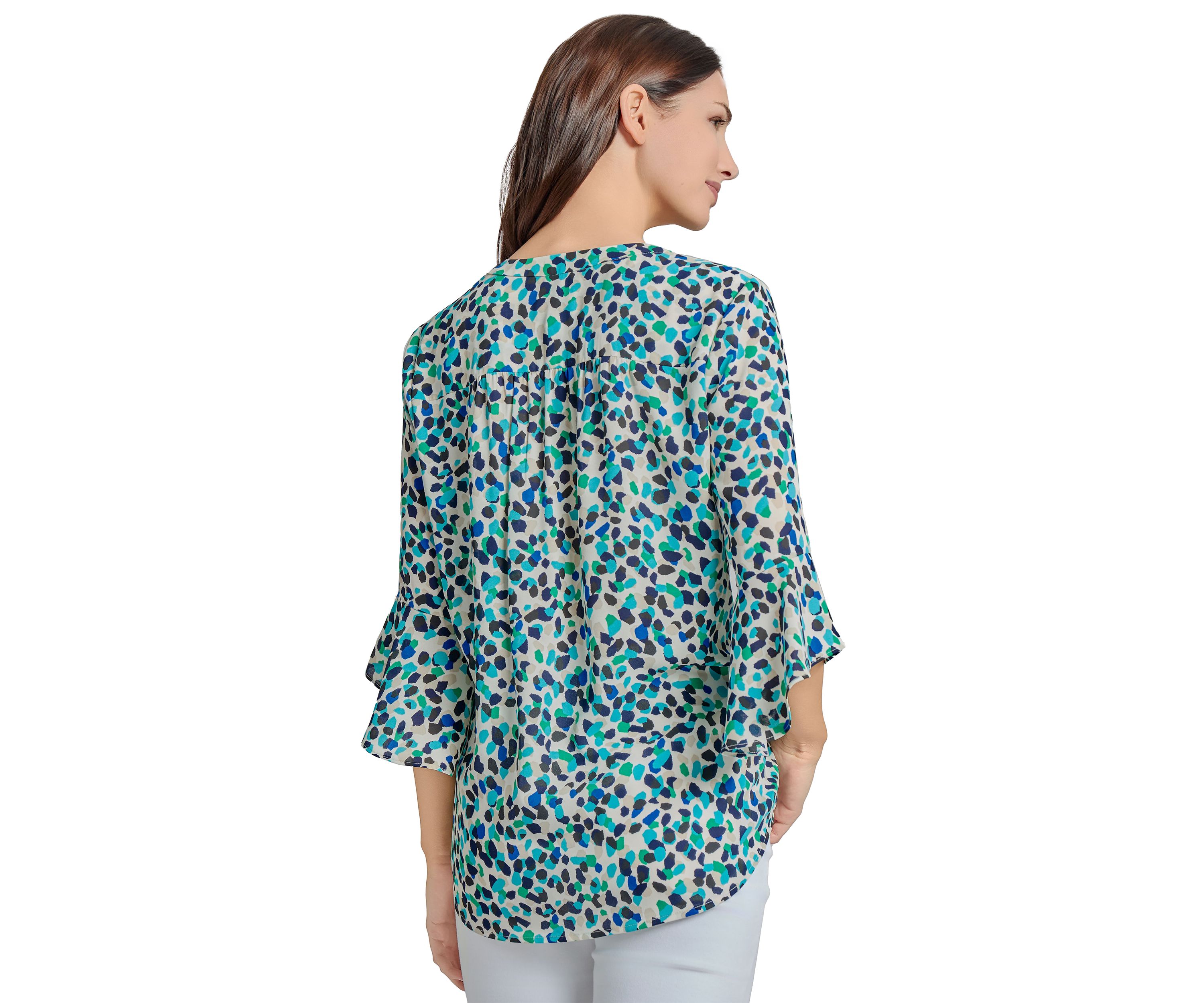 Womens V-Neck Pleated Front Tunic with Flare Sleeves 