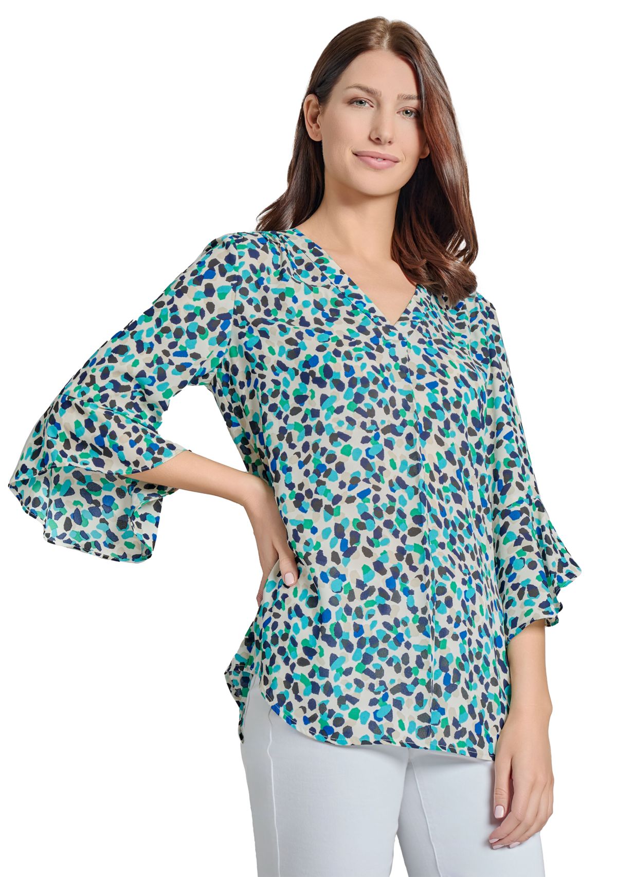 Womens V-Neck Pleated Front Tunic with Flare Sleeves 