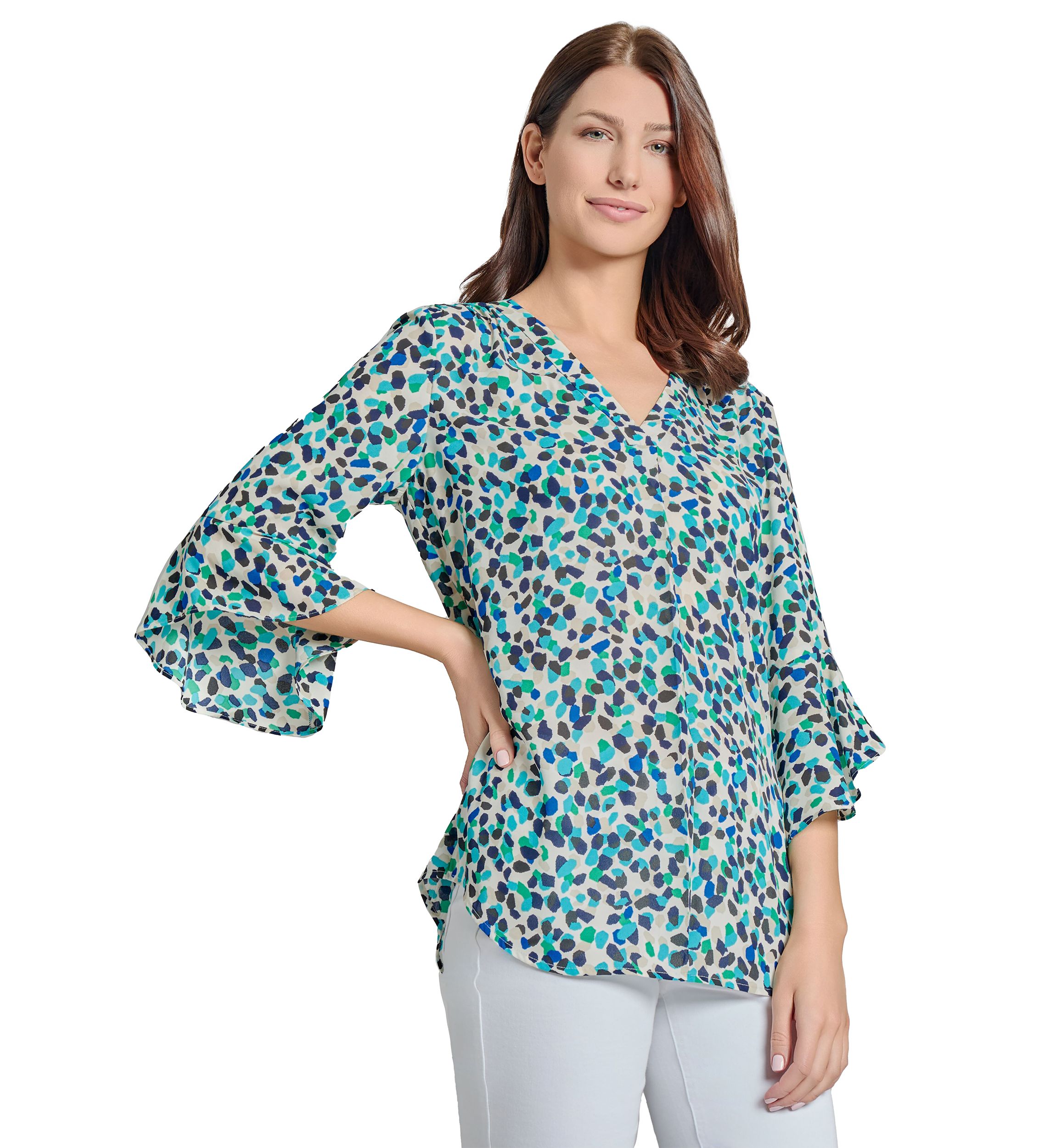 Womens V-Neck Pleated Front Tunic with Flare Sleeves 