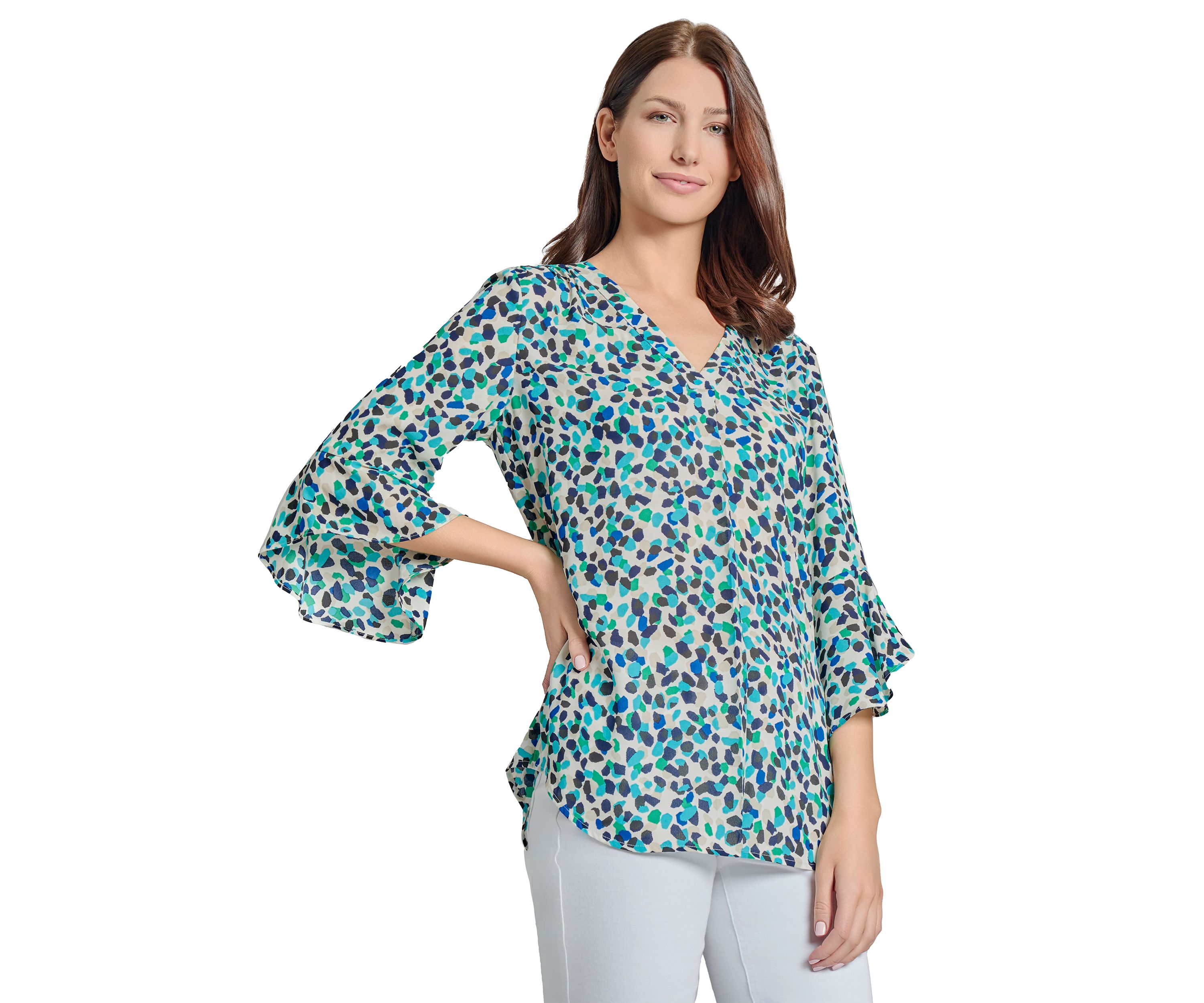 Womens V-Neck Pleated Front Tunic with Flare Sleeves 