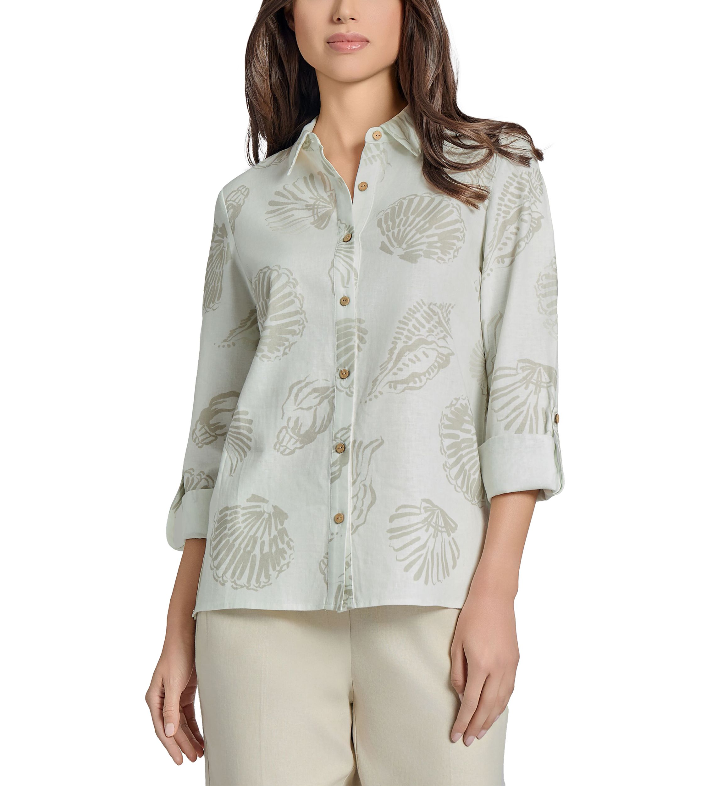 Petite Button Front Long Sleeve Blouse with Side Slits