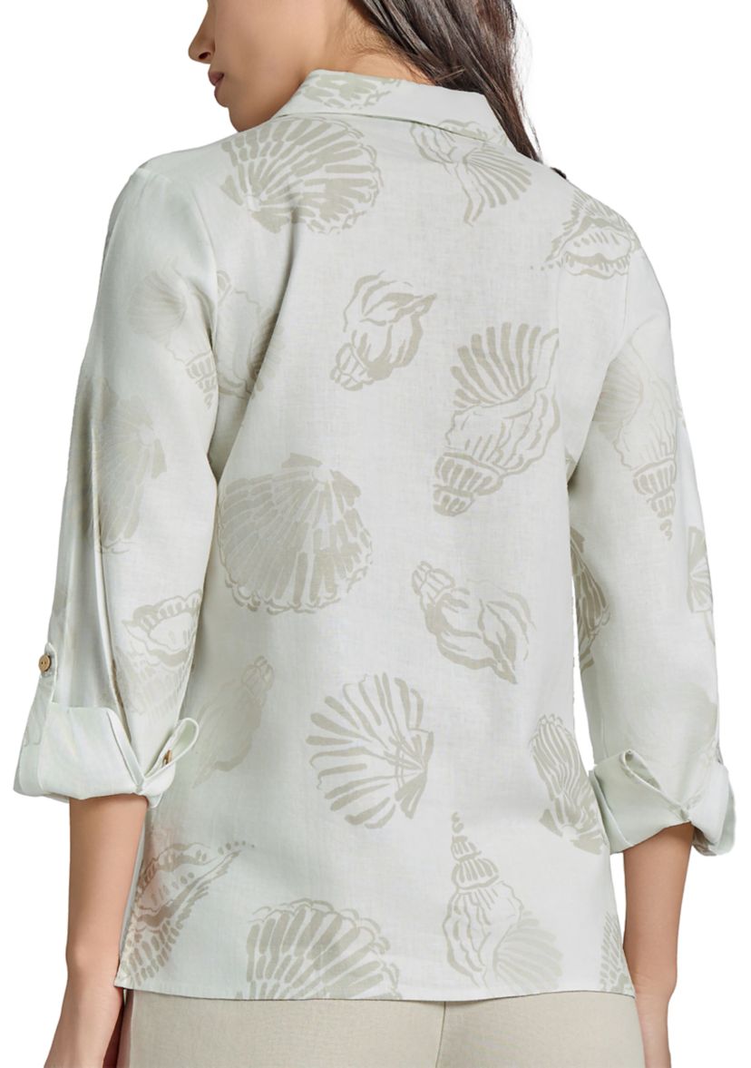 Petite Button Front Long Sleeve Blouse with Side Slits
