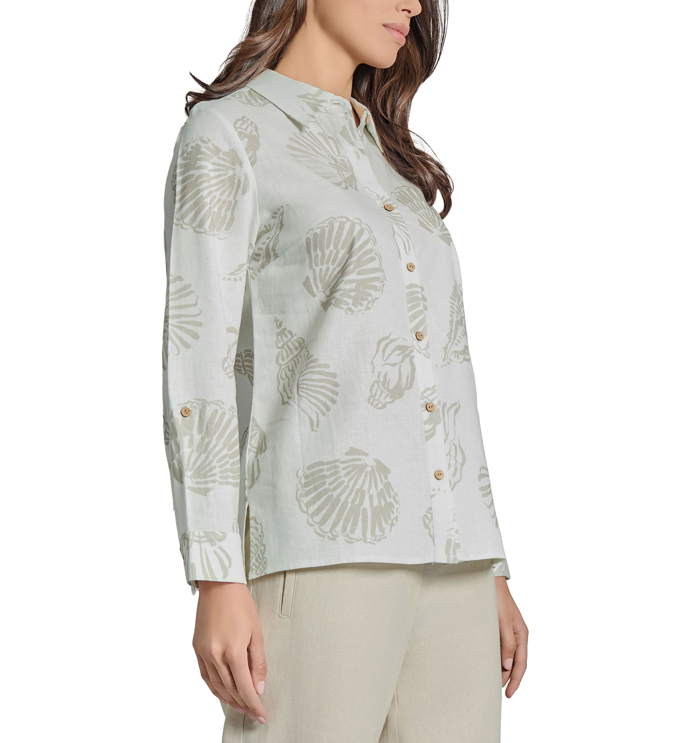 Petite Button Front Long Sleeve Blouse with Side Slits