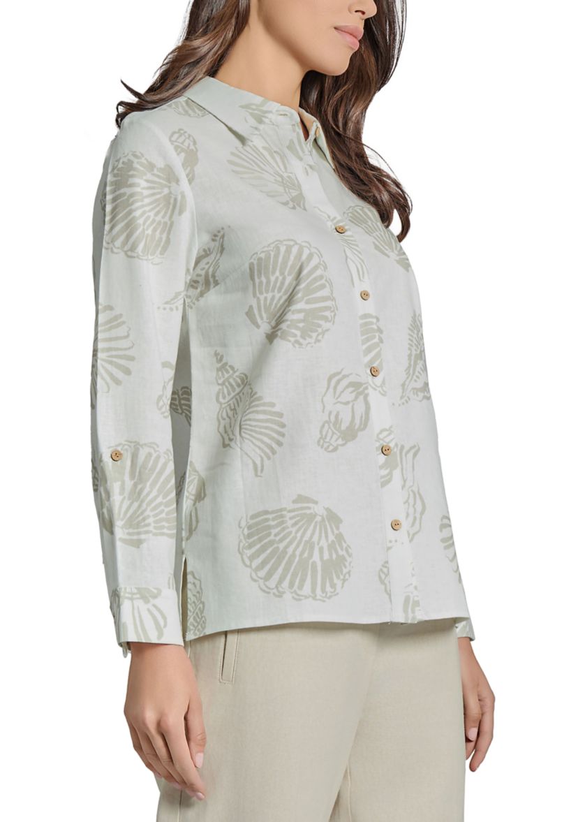 Petite Button Front Long Sleeve Blouse with Side Slits