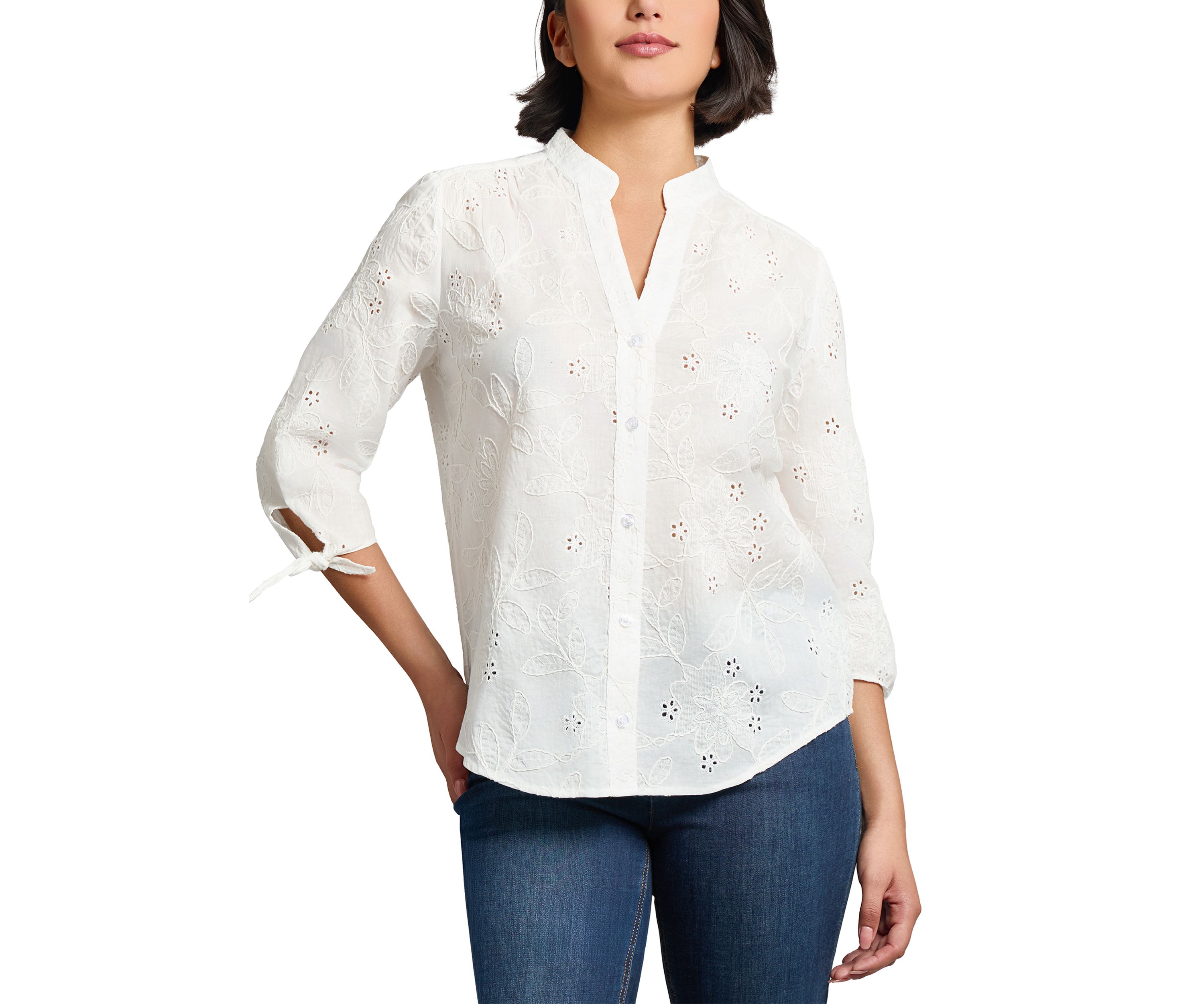Womens Split Neck Button Front Eyelet Blouse