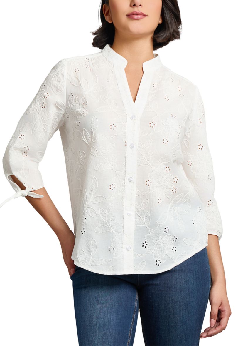 Womens Split Neck Button Front Eyelet Blouse