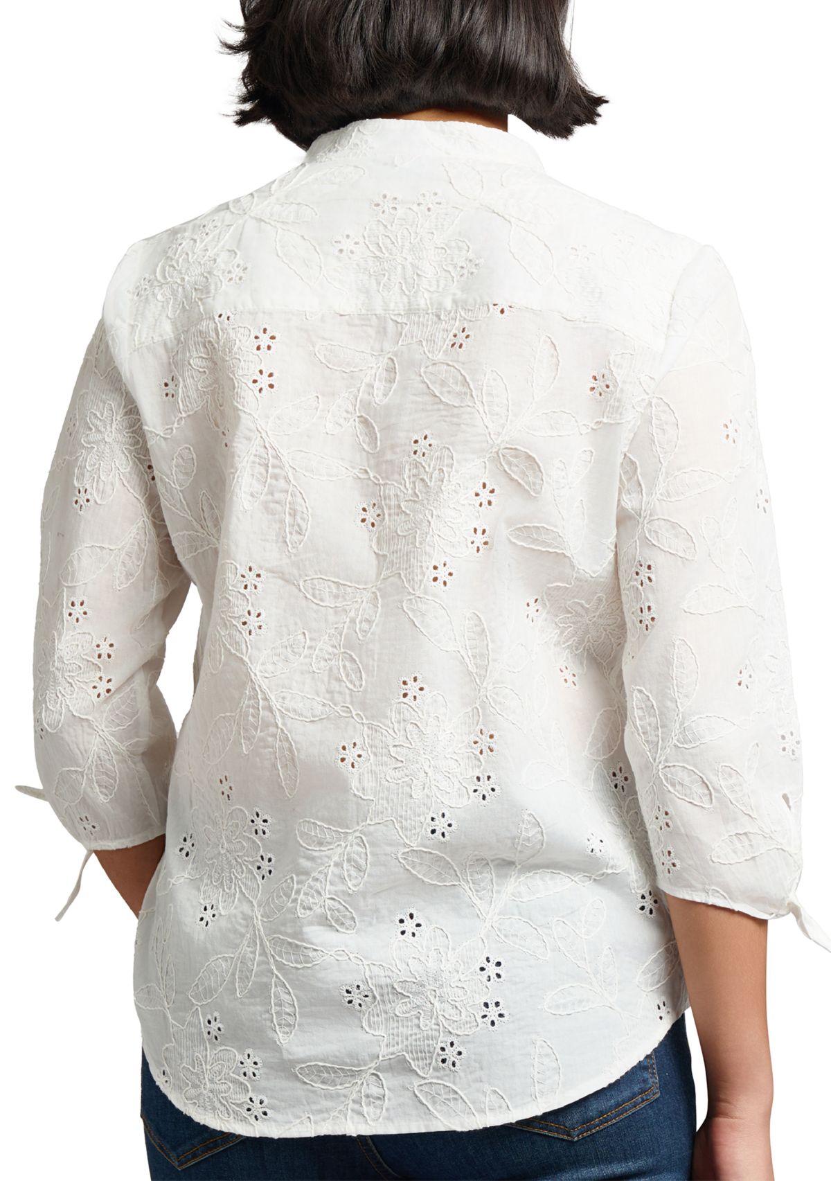 Womens Split Neck Button Front Eyelet Blouse