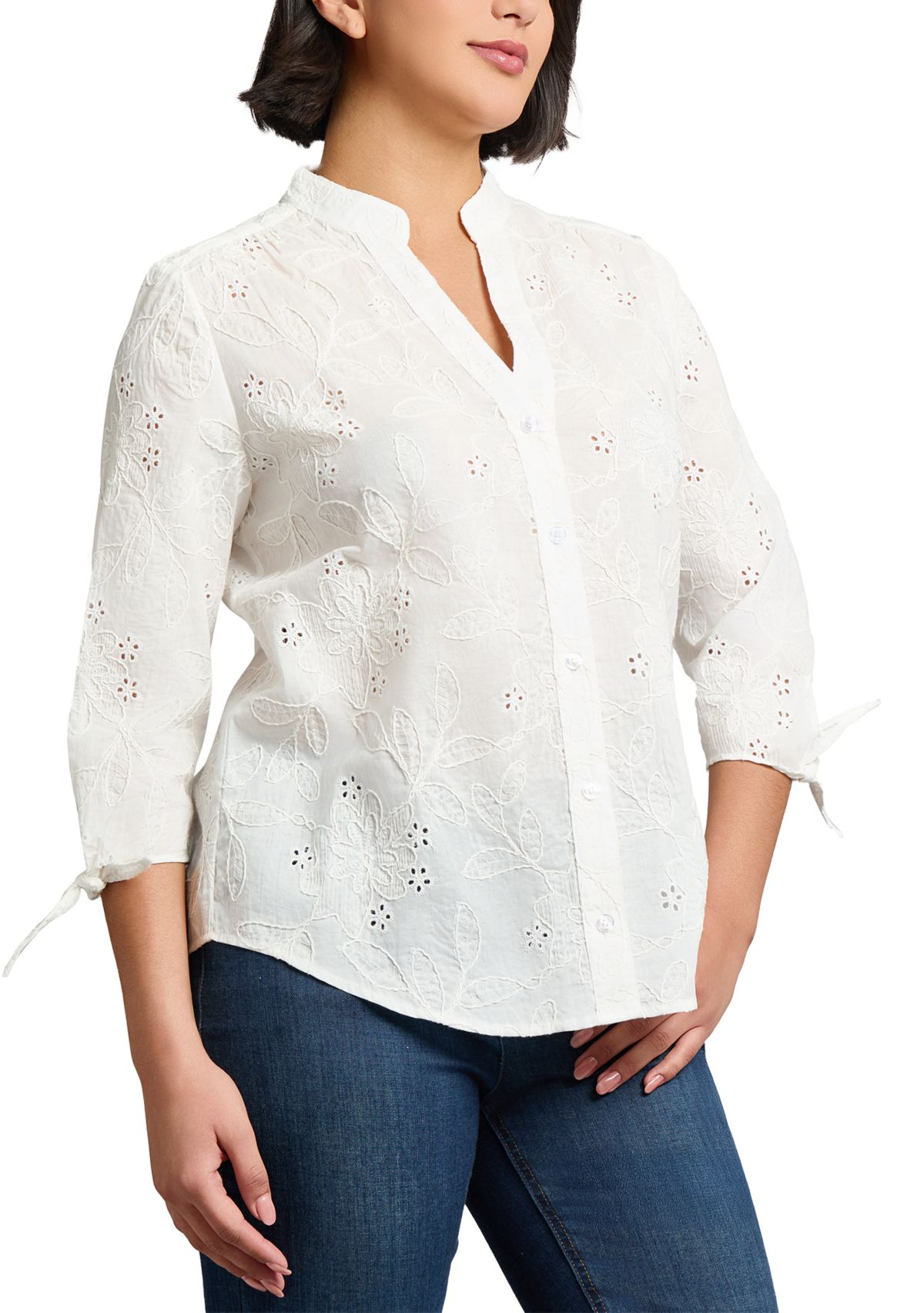 Womens Split Neck Button Front Eyelet Blouse