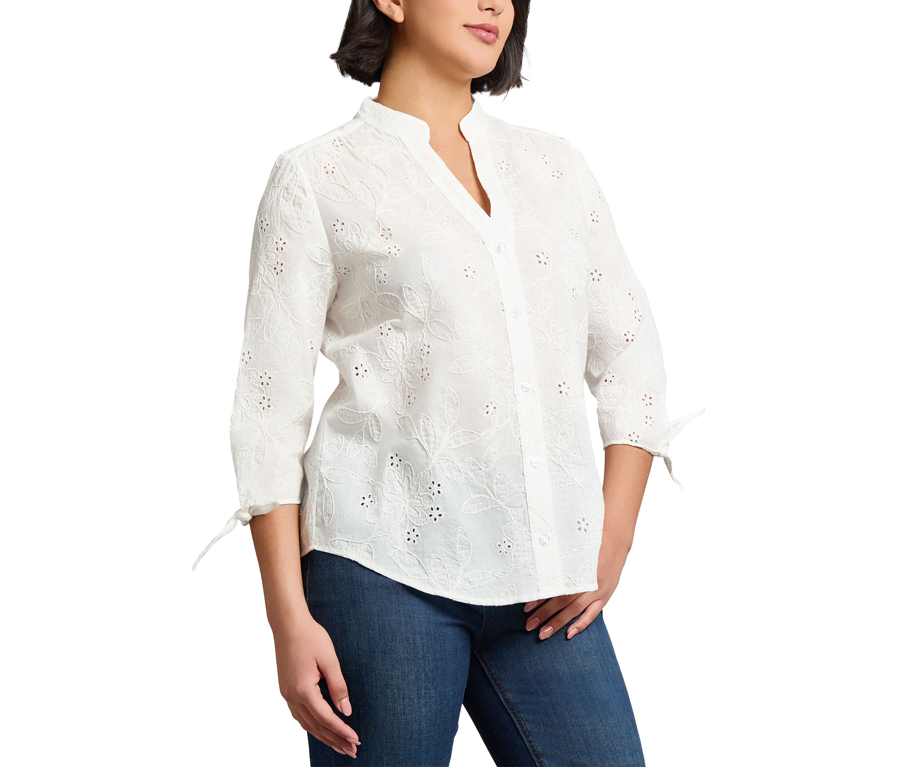 Womens Split Neck Button Front Eyelet Blouse