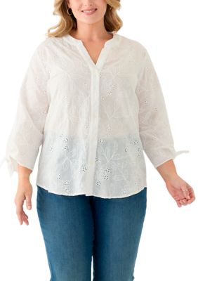 JONES NEW YORK Women's Plus Size Y-Neck Button Front Roll Sleeve Blouse