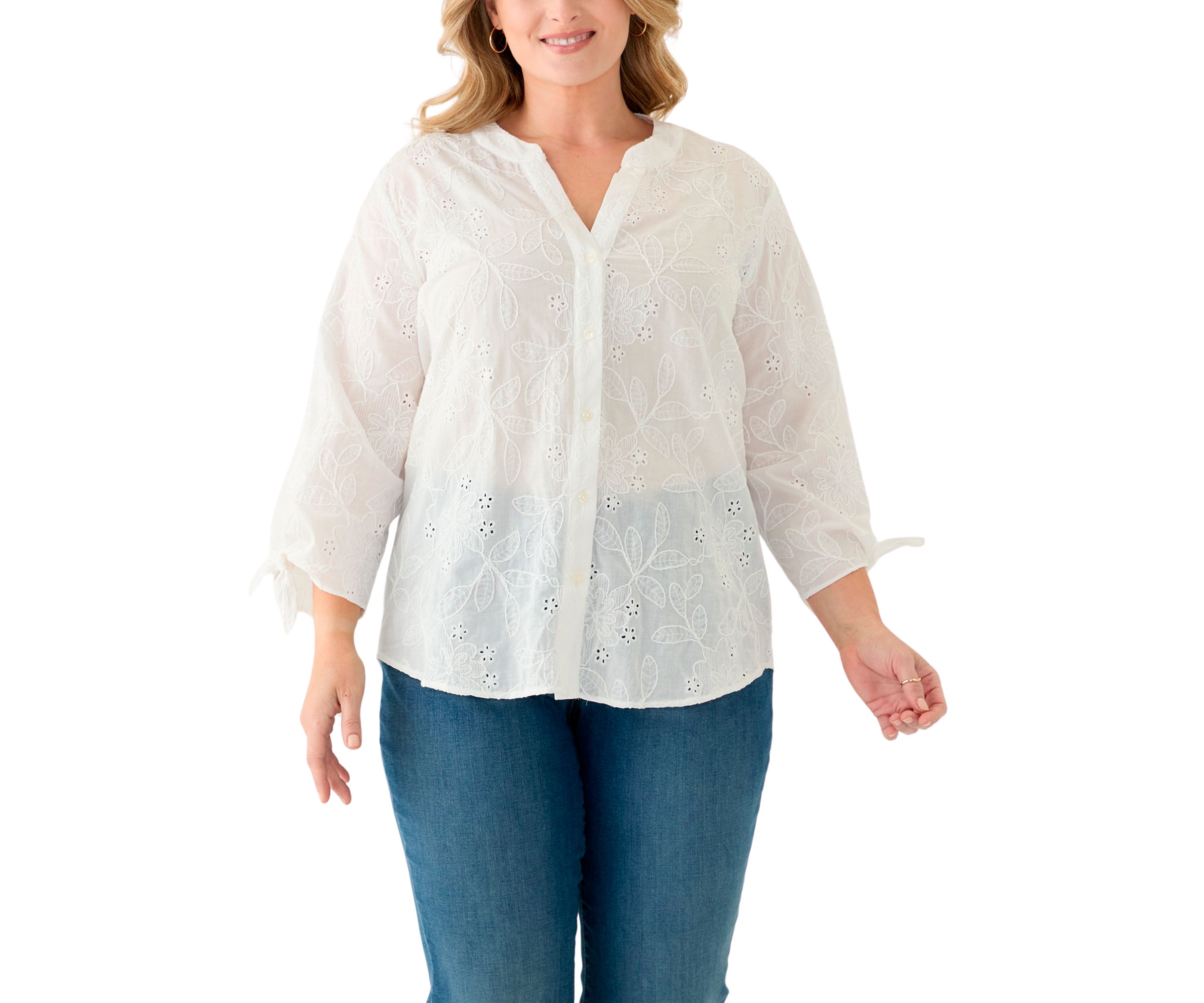 Plus Size Y-Neck Button Front Roll Sleeve Blouse