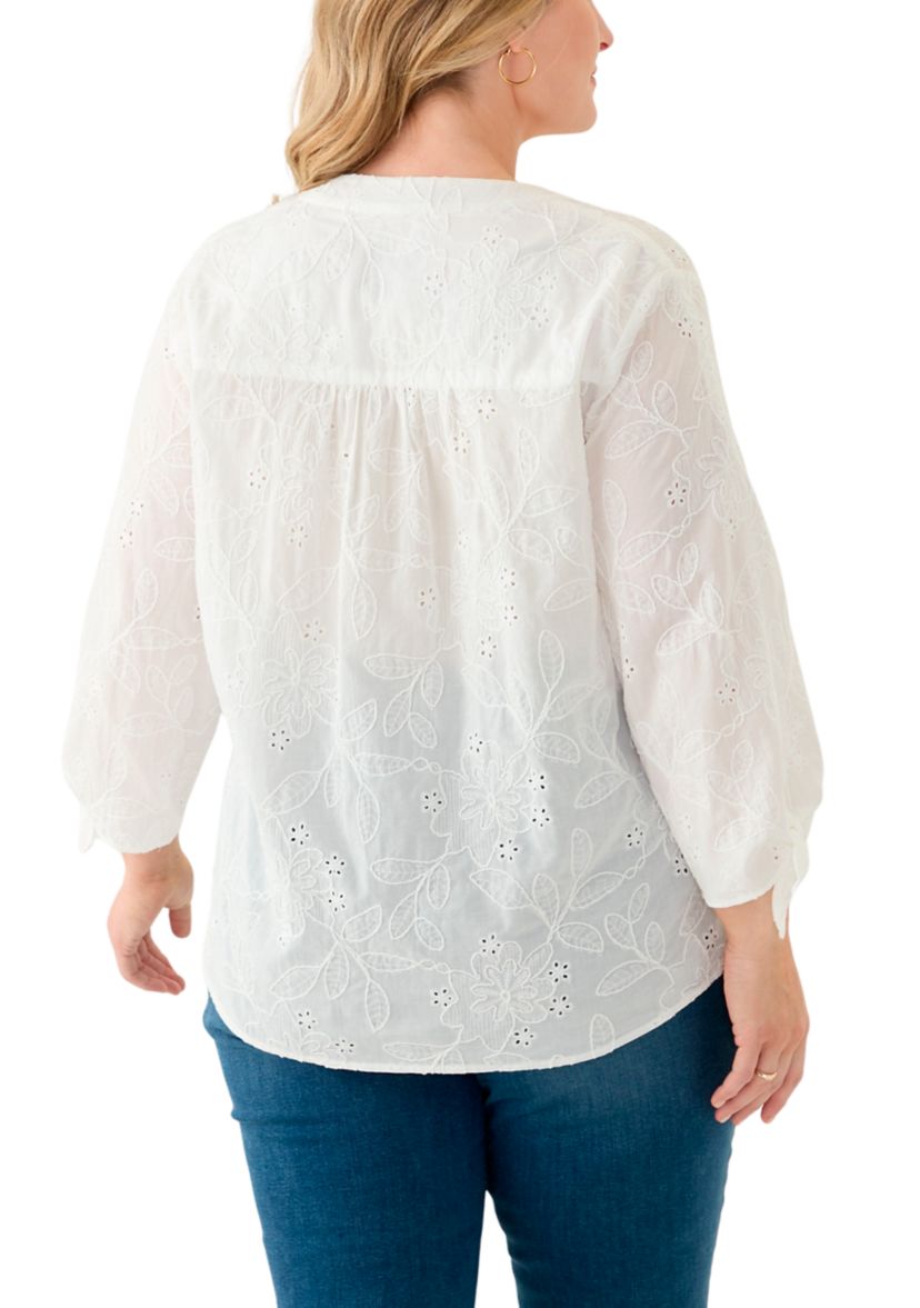 Plus Size Y-Neck Button Front Roll Sleeve Blouse