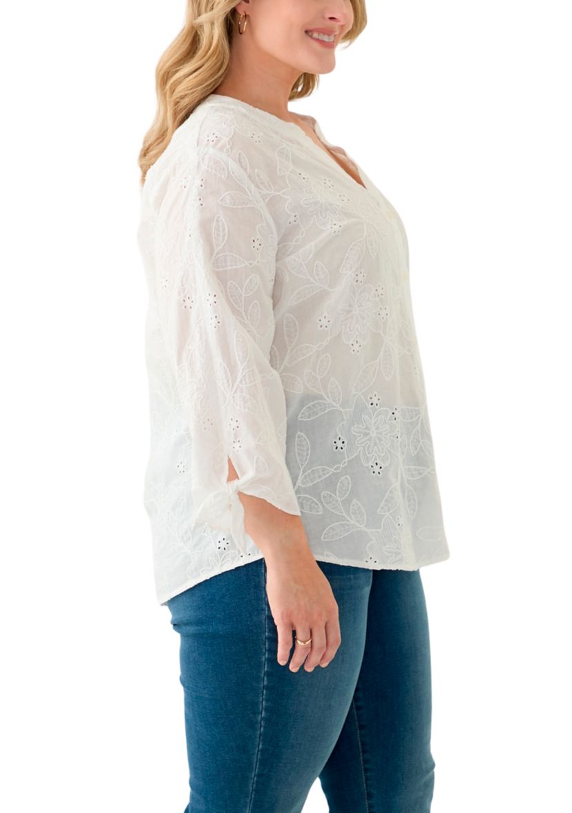 Plus Size Y-Neck Button Front Roll Sleeve Blouse