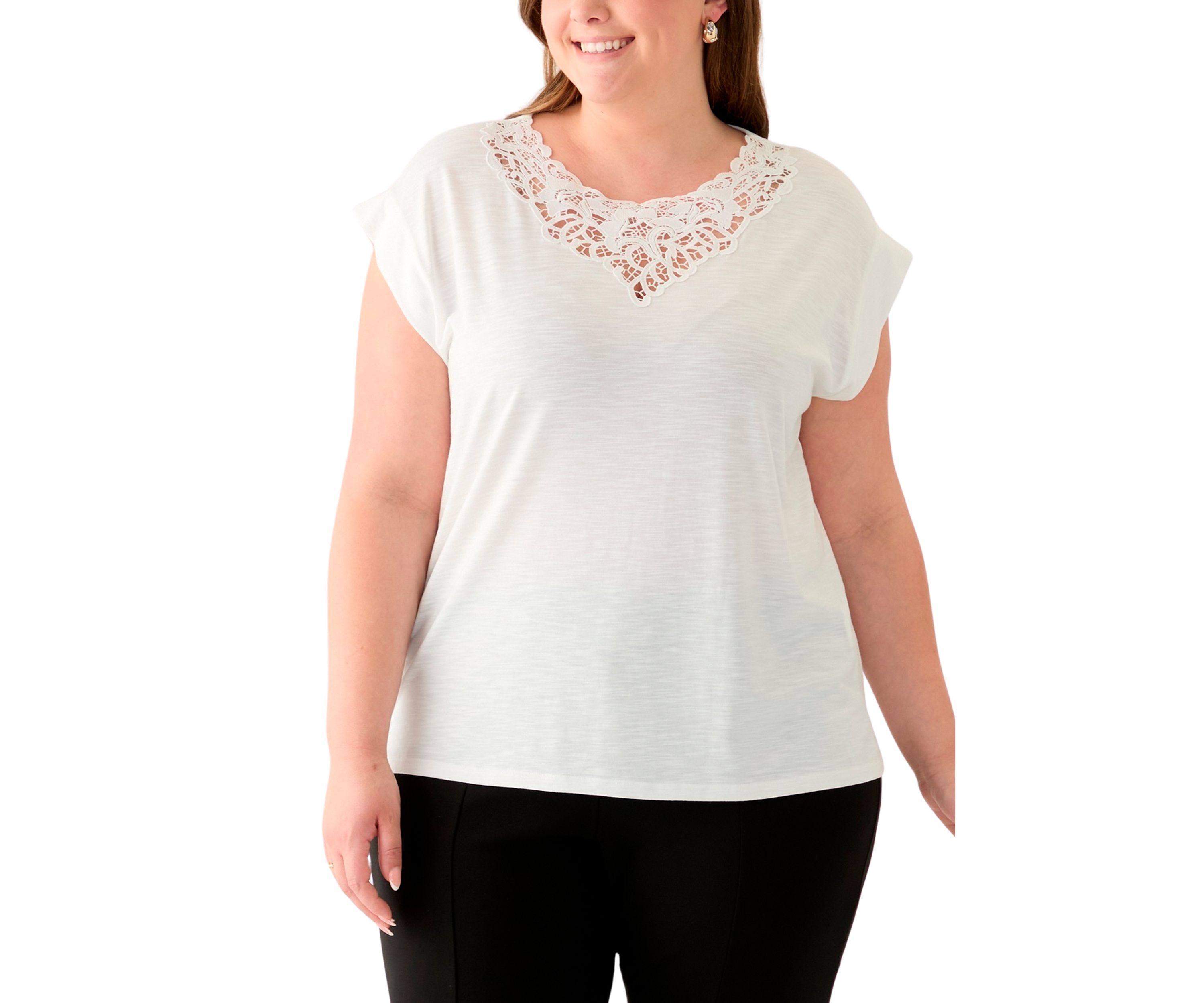 Plus Size Drapey Slub Dolman Top with Lace at Neck 